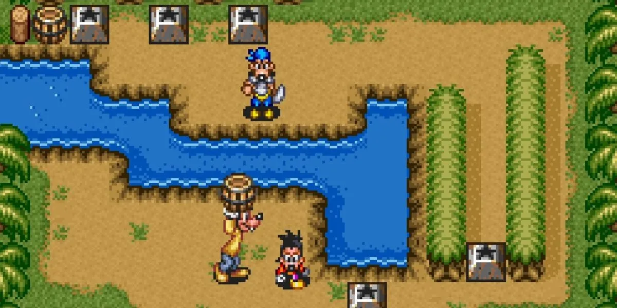 Nhân vật Goofy và Max giải đố bằng thùng đồ vật trong game Goof Troop SNES của Capcom