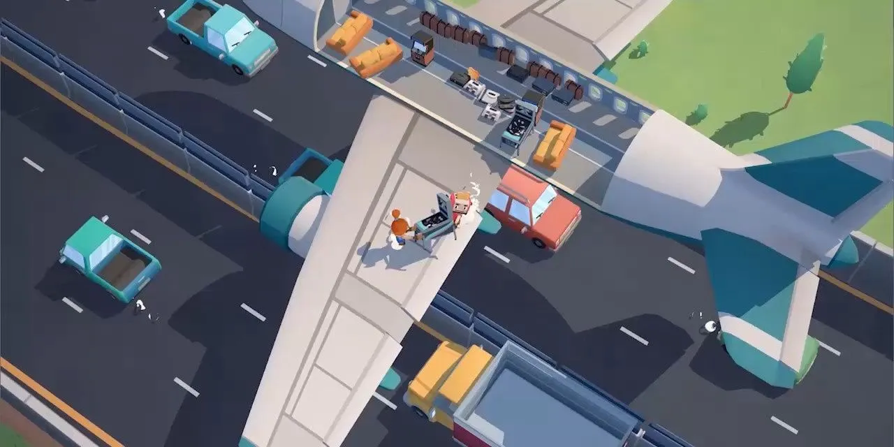 Nhân vật hoạt hình đang khiêng đồ nội thất ra khỏi máy bay trong game mô phỏng chuyển nhà Moving Out