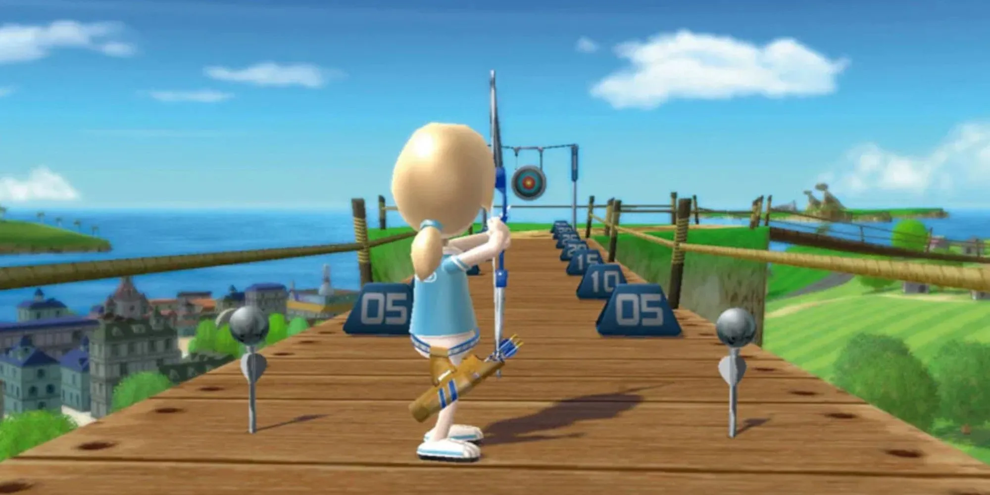 Nhân vật Mii nhắm cung vào mục tiêu bắn cung trong Wii Sports Resort