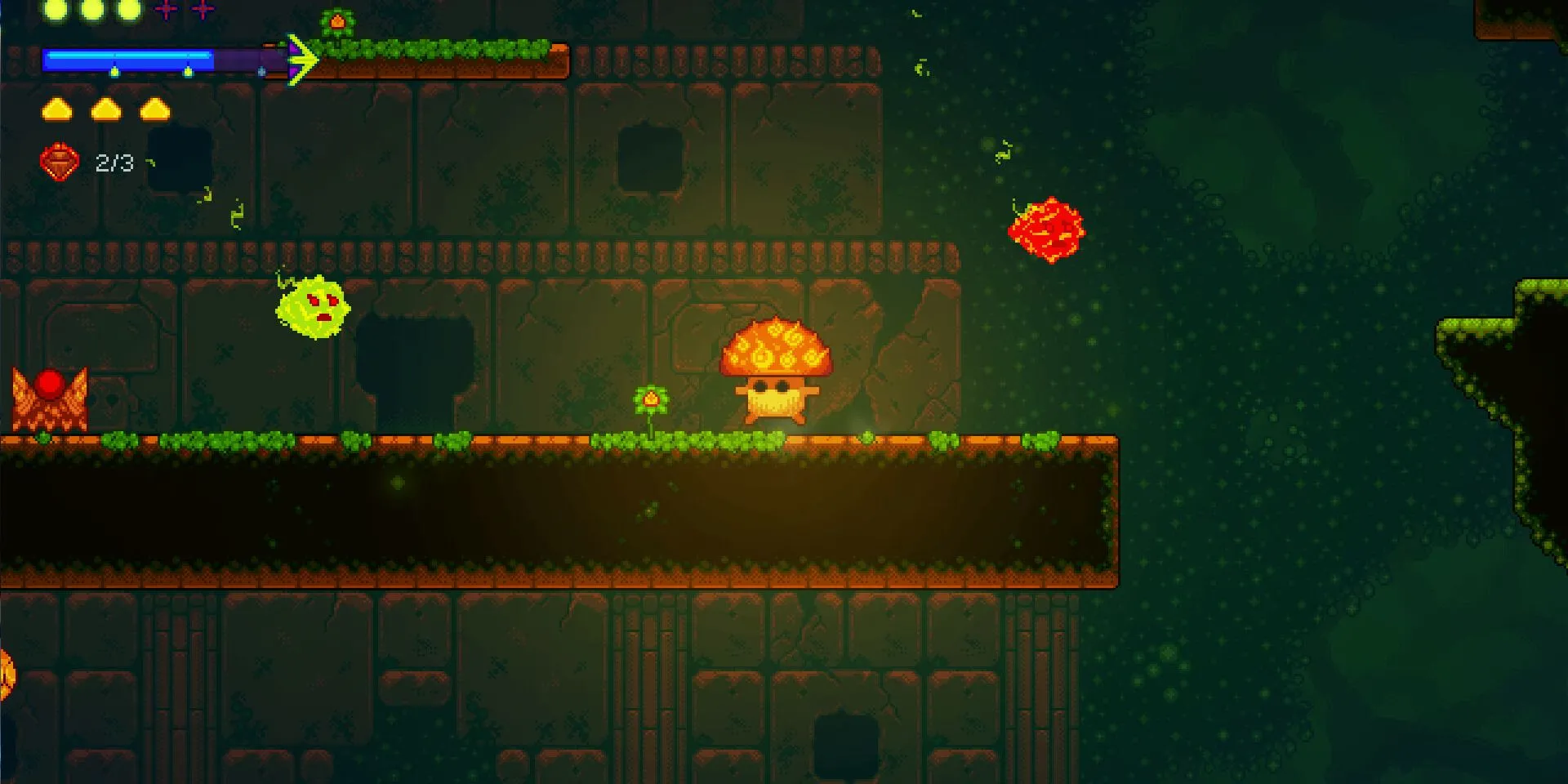 Nhân vật Nấm cô đơn trong Lone Fungus di chuyển trên một bệ đỡ giữa thế giới game đầy màu sắc