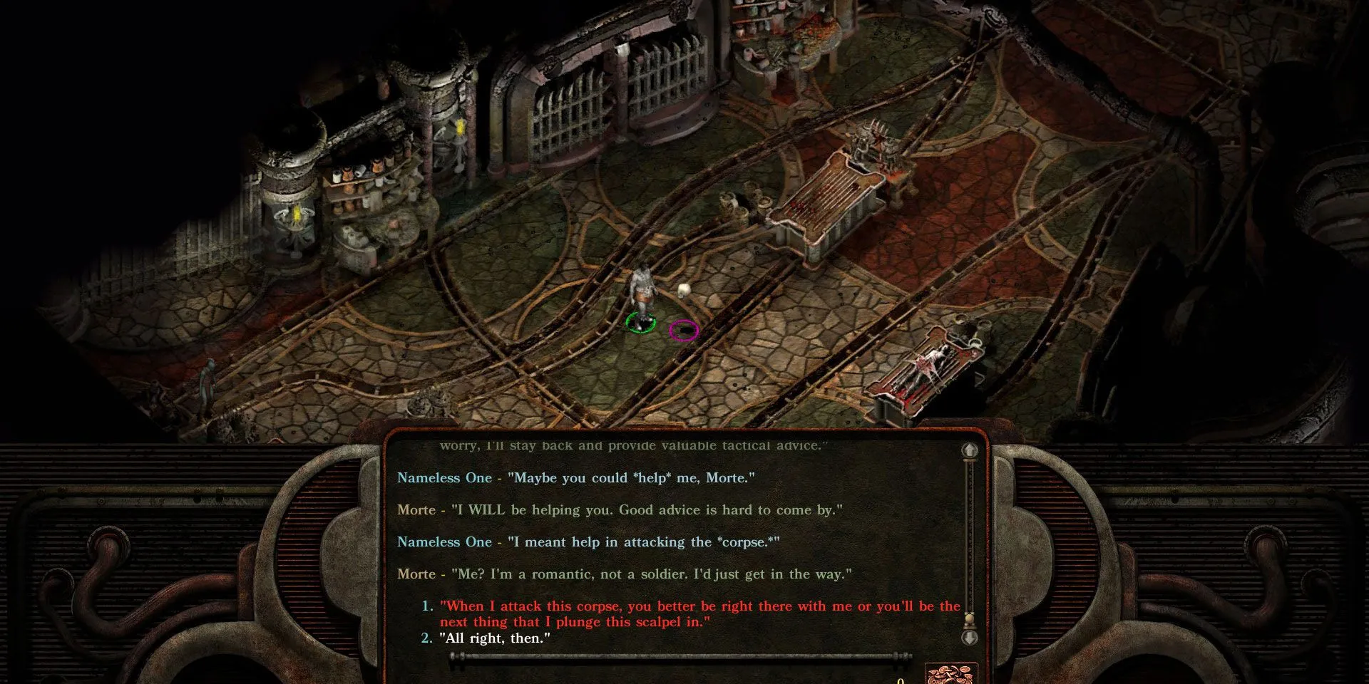 Nhân vật Nameless One và giao diện hội thoại trong Planescape Torment