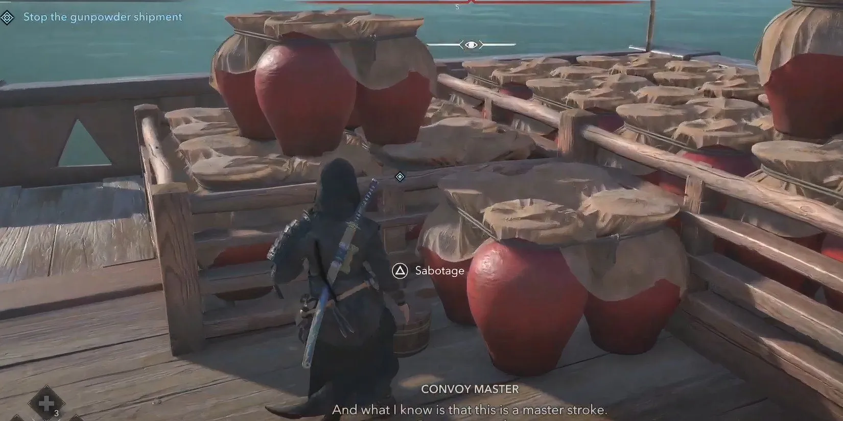 Nhân vật Naoe đặt thuốc nổ lên các thùng trên con tàu trong Assassin's Creed Shadows.