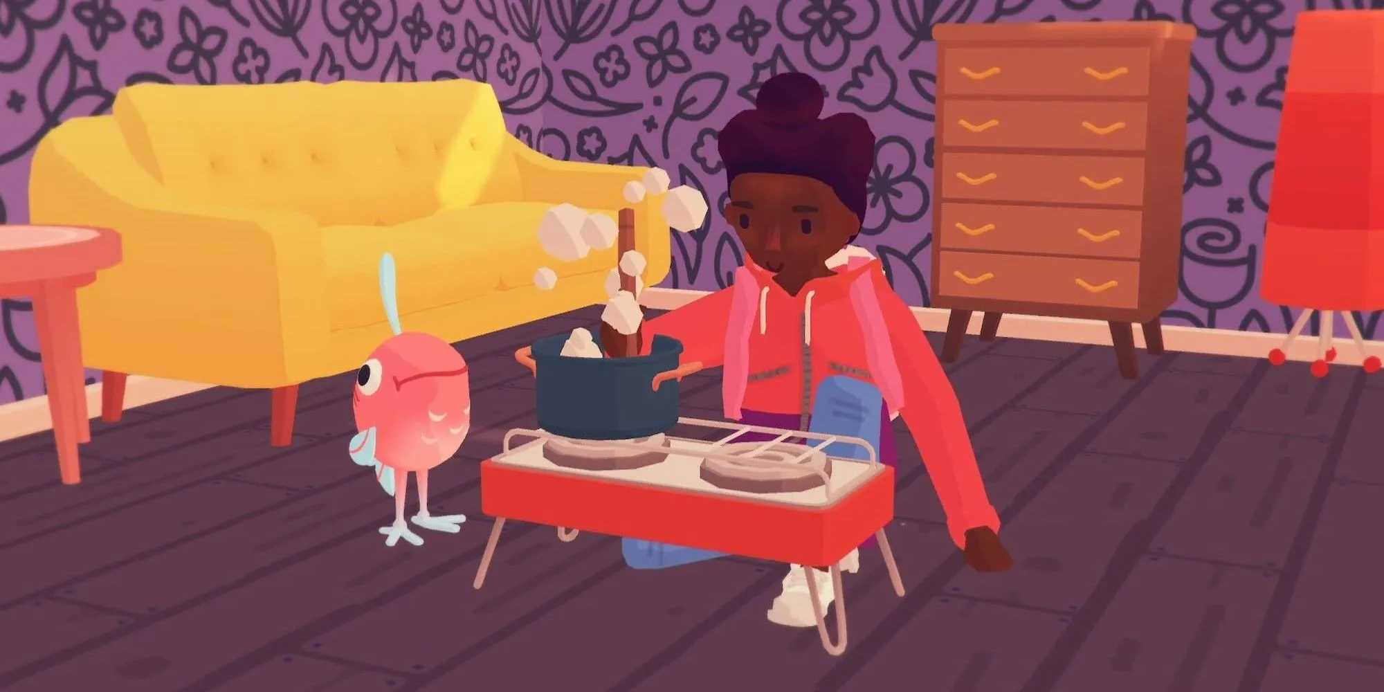 Nhân vật nấu ăn cùng một Ooblet trong game Ooblets