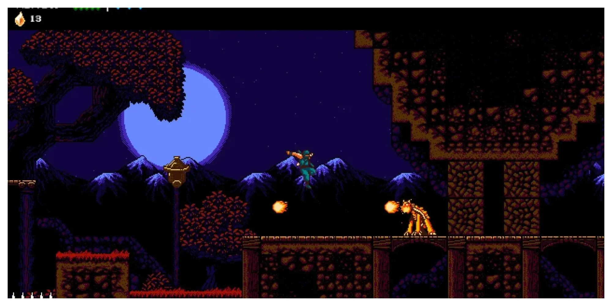 Nhân vật ninja trong The Messenger thi triển kỹ năng giữa khung cảnh pixel art cổ điển đặc trưng của game