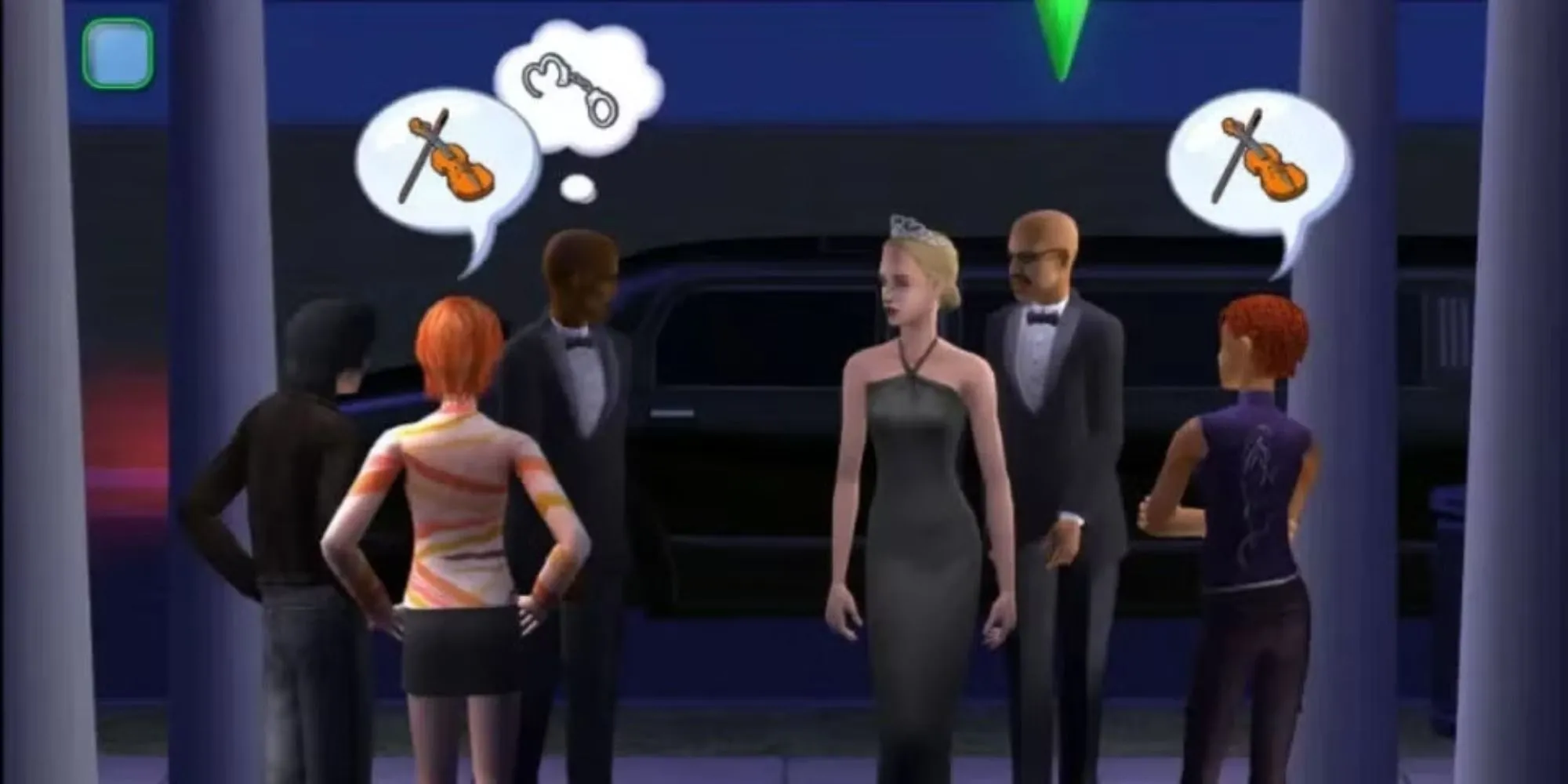 Nhân vật Sim trao đổi lời thoại tại một sự kiện thảm đỏ trong The Sims 2