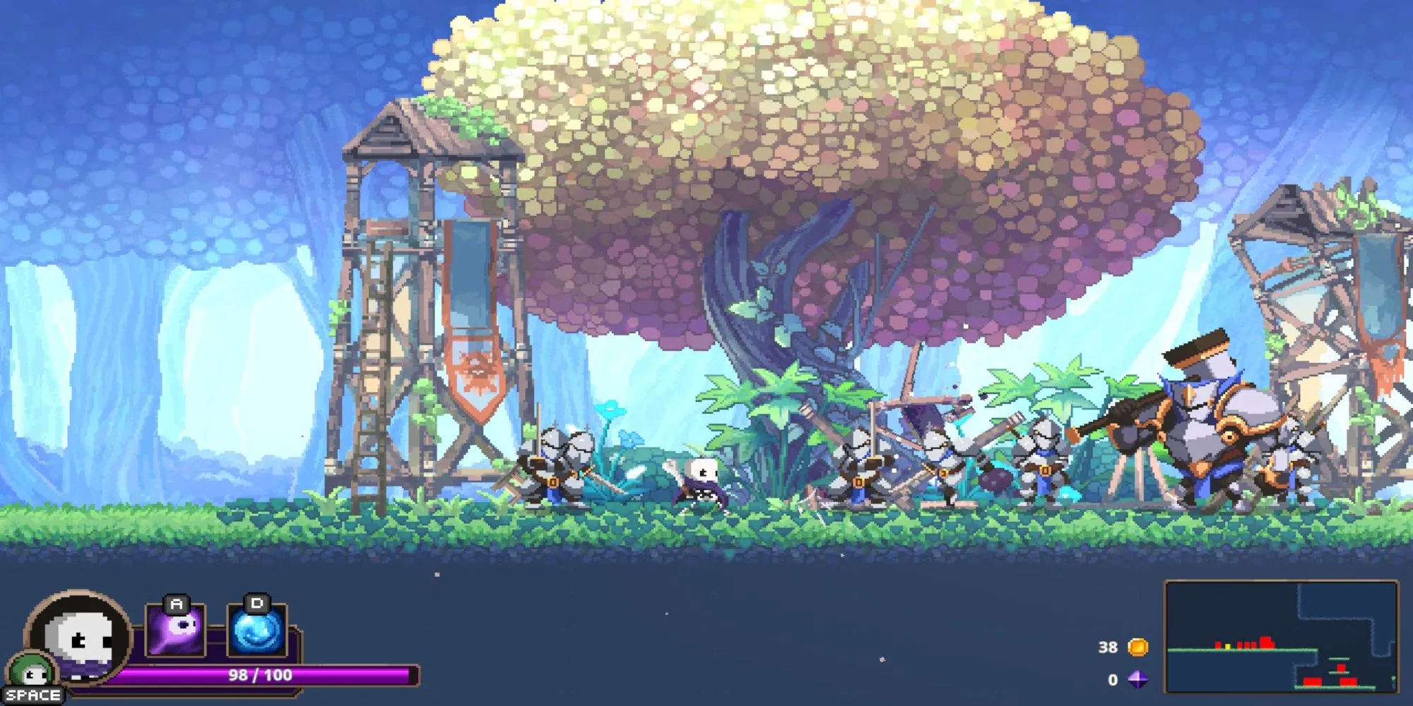 Nhân vật Skul trong game Skul: The Hero Slayer đang bay trên không trung với một thanh kiếm lớn