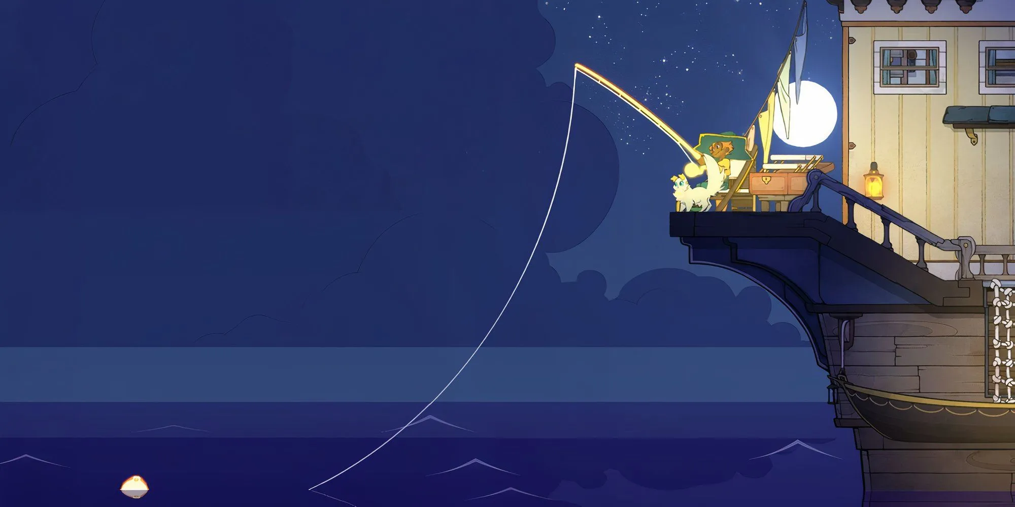 Nhân vật Stella và chú mèo Daffodil trên chiếc thuyền trong game Spiritfarer