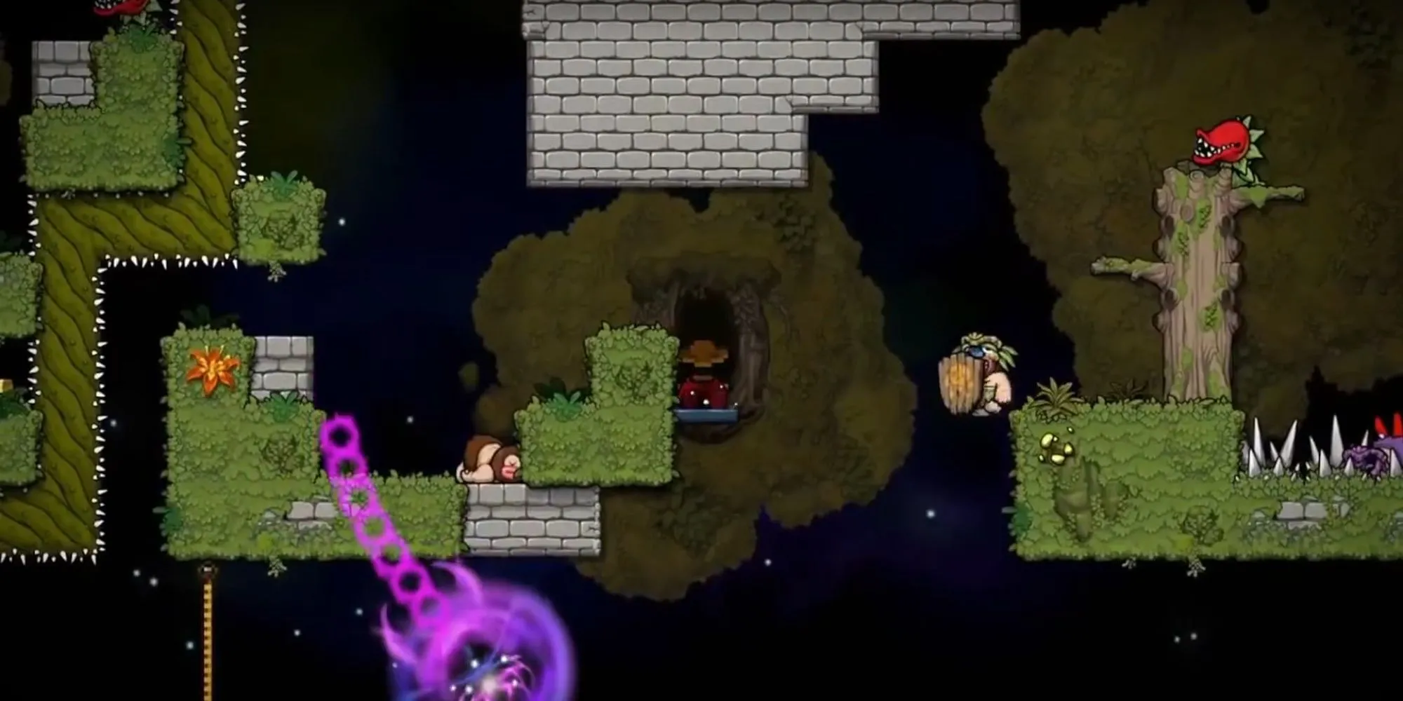 Nhân vật thám hiểm một hang động đầy cạm bẫy và kẻ địch trong Spelunky 2, minh họa lối chơi platformer roguelike đầy thử thách.