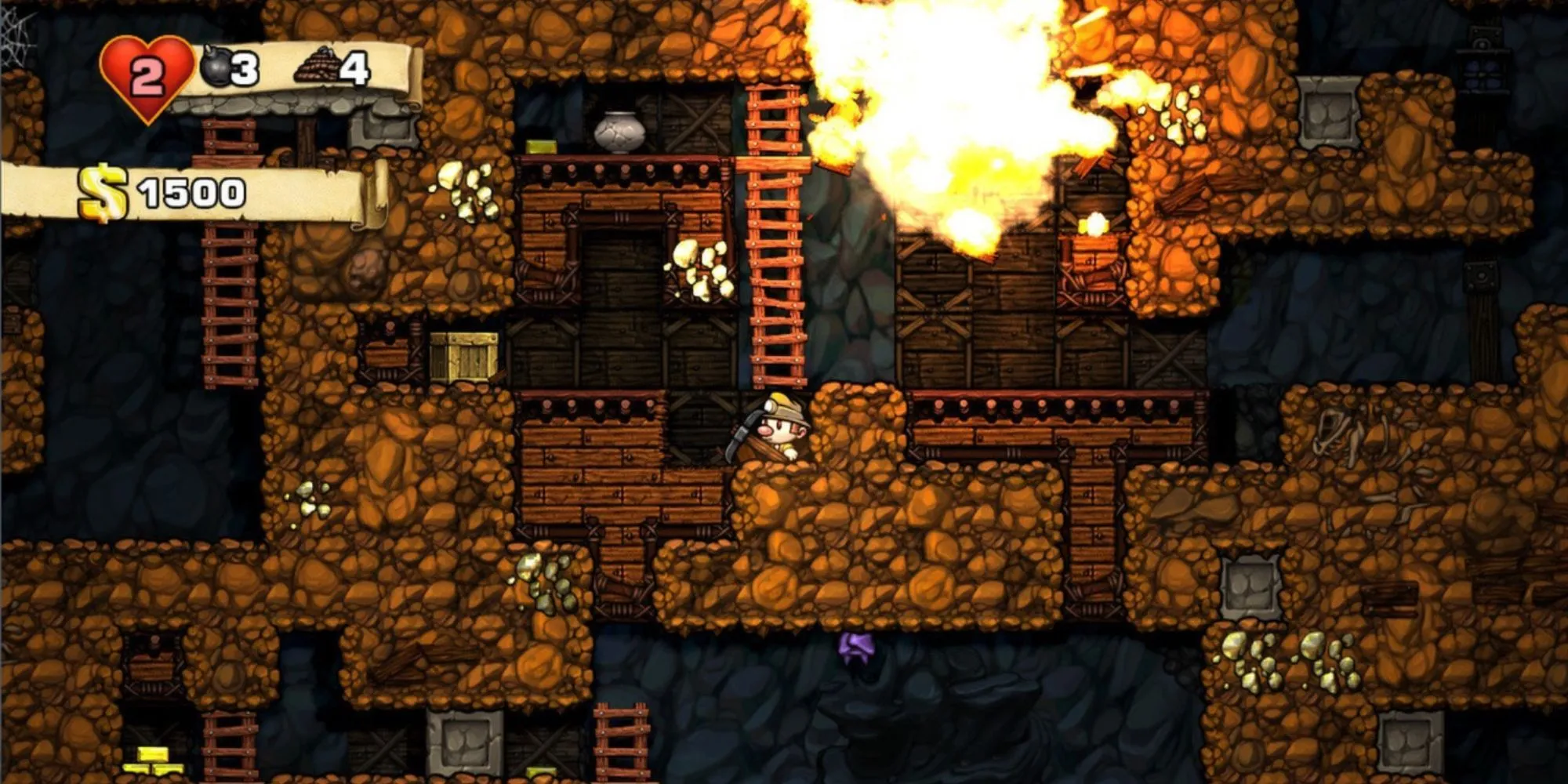 Nhân vật thám hiểm trong Spelunky khám phá hang động đầy kho báu và nguy hiểm