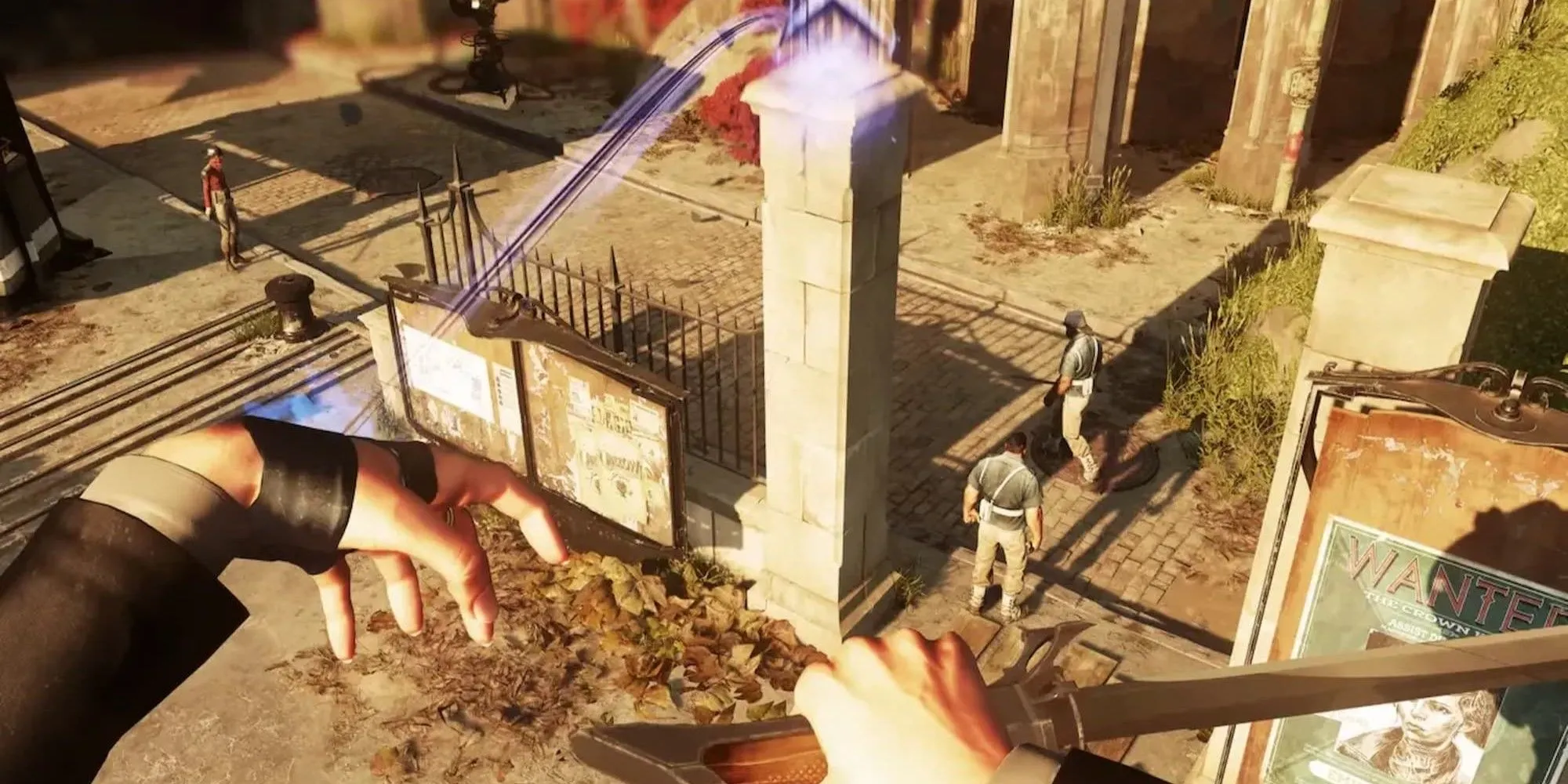 Nhân vật thực hiện parkour trên các mái nhà trong môi trường steampunk của Dishonored 2