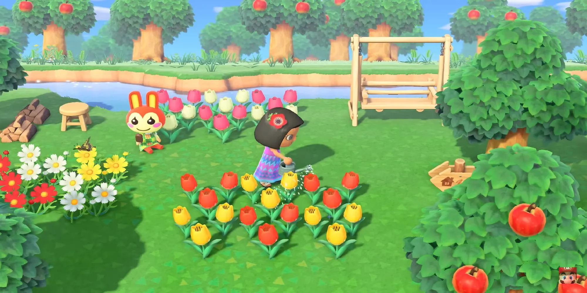 Nhân vật trong Animal Crossing New Horizons đang tưới hoa