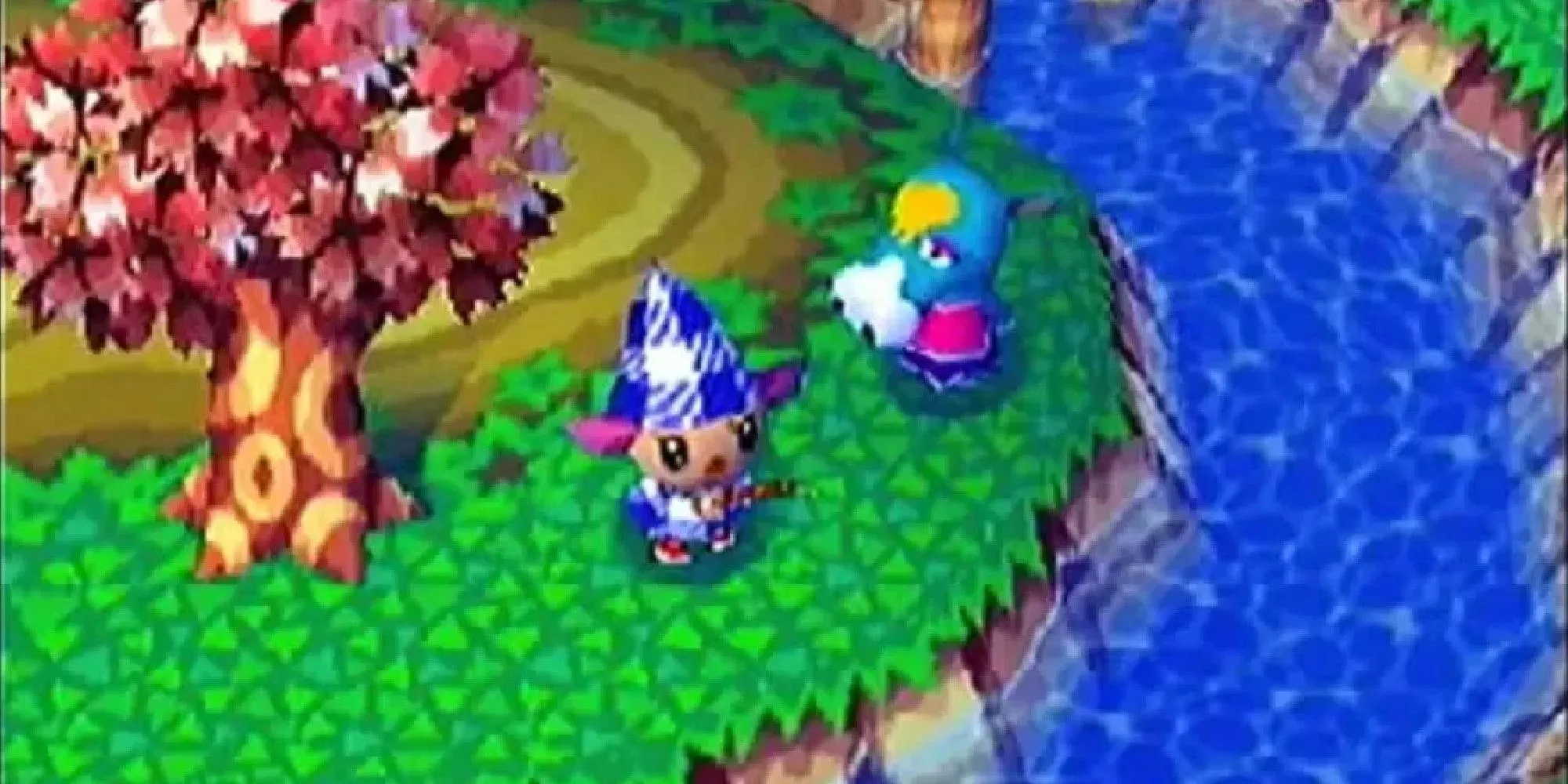 Nhân vật trong Animal Crossing phiên bản GameCube đang câu cá cùng cư dân
