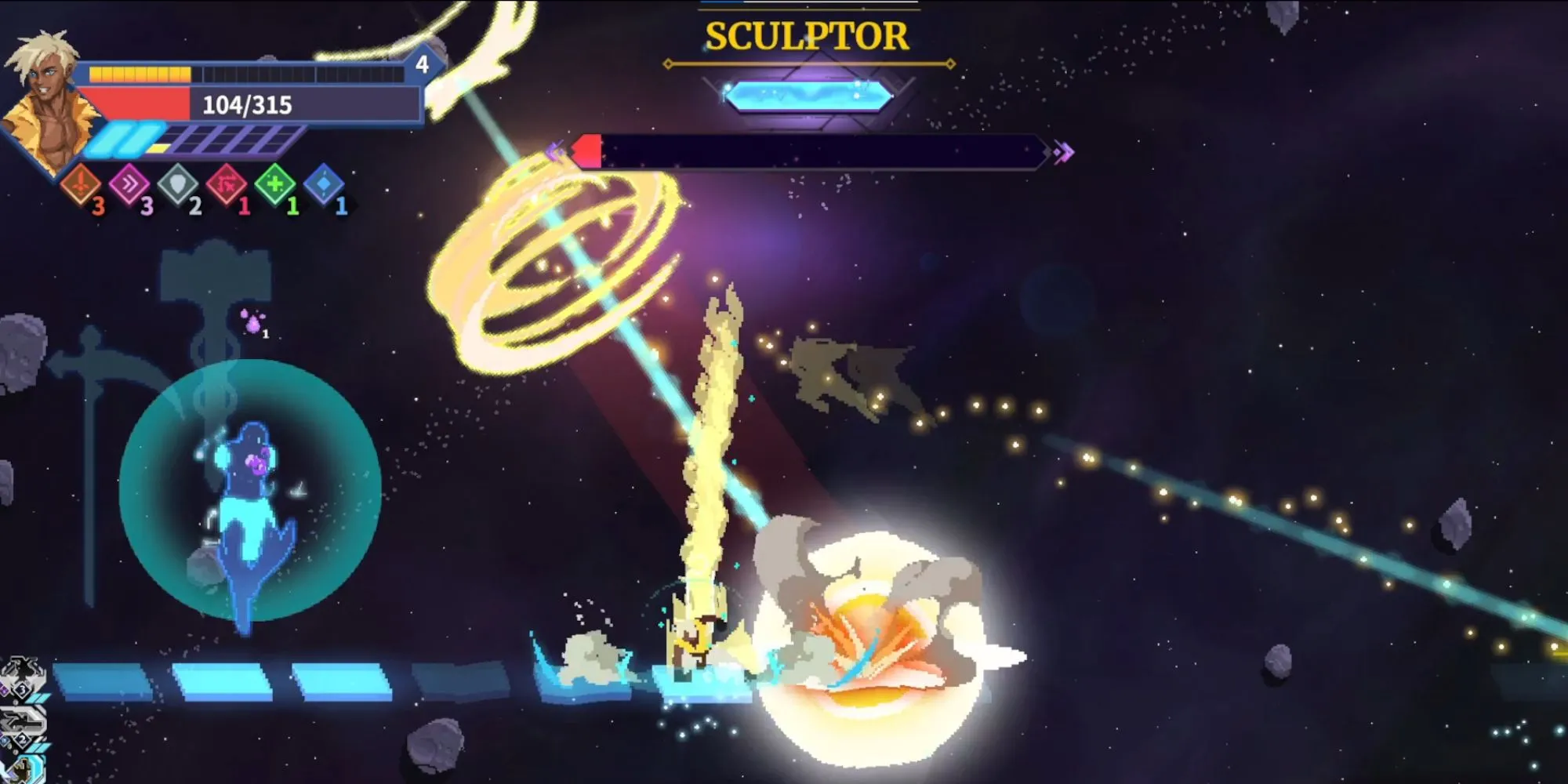 Nhân vật trong Astral Ascent thực hiện cú nhảy lướt và rơi nhanh để né đòn tấn công của Kẻ Điêu Khắc