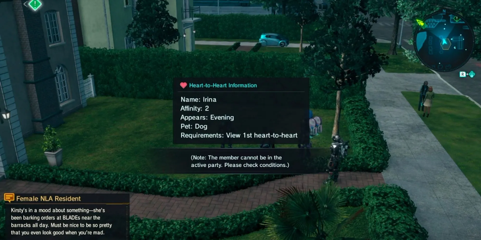Nhân vật tương tác với chú chó Labrador trong một sự kiện Heart-to-Heart của Xenoblade Chronicles X