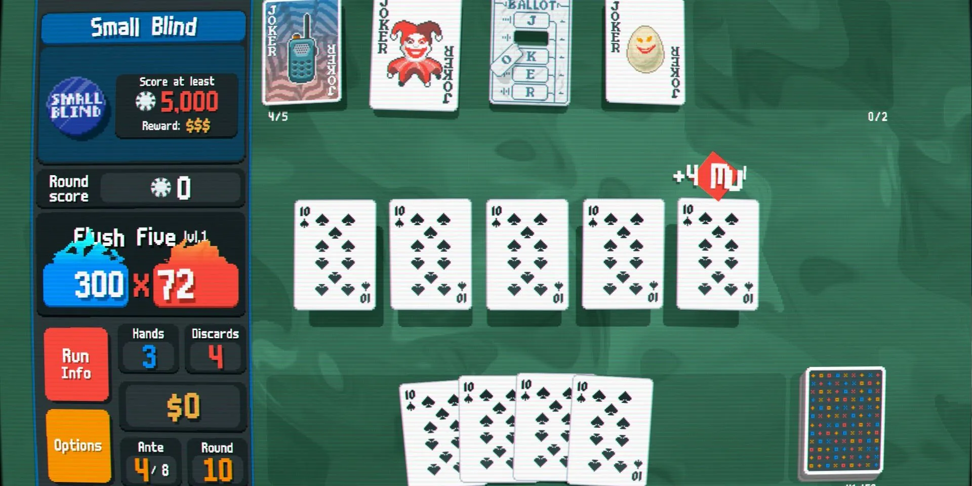 Nhiều lá bài 10 Bích giúp tạo Flush Five trong Balatro