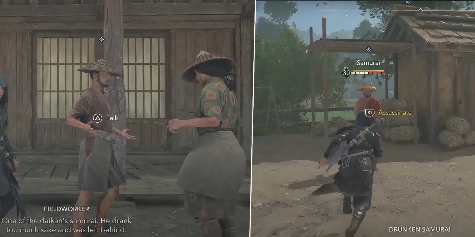 Nông dân than phiền về samurai say rượu trong Assassin's Creed Shadows, gợi ý vị trí của hắn.