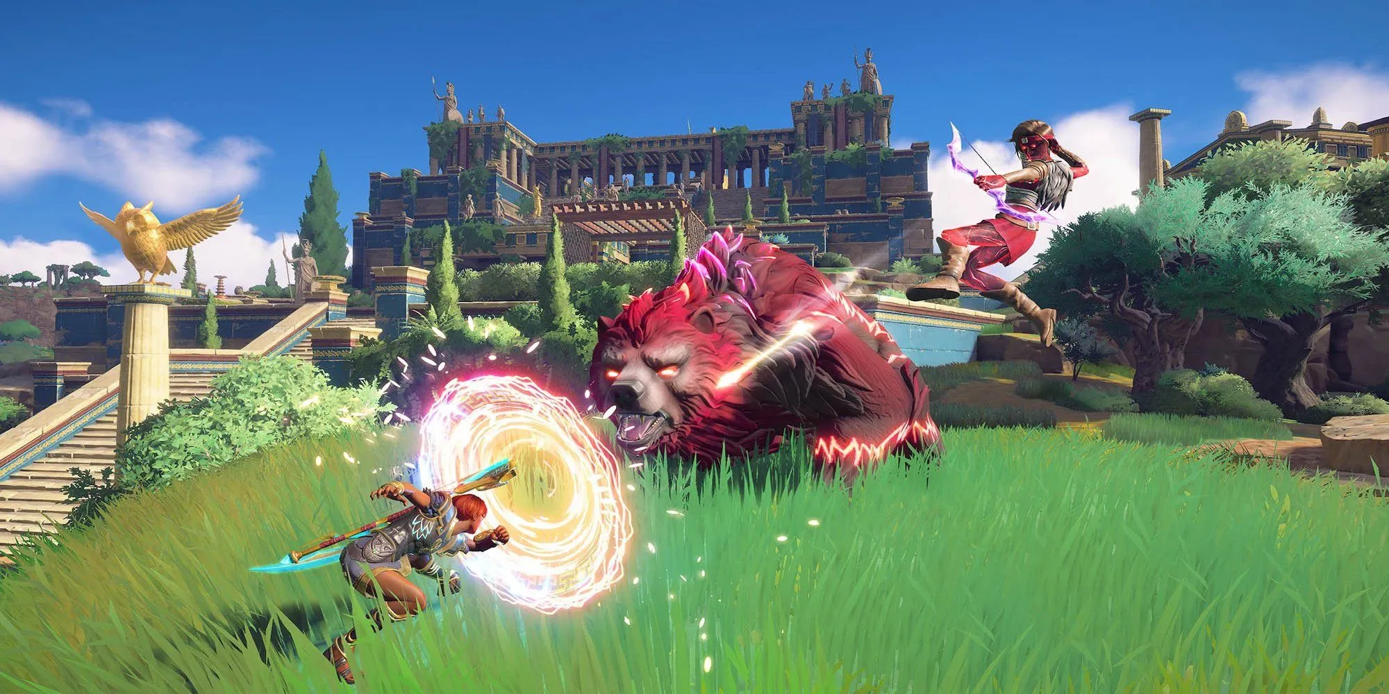 Nữ chiến binh Fenyx chiến đấu với kẻ thù trong game Immortals Fenyx Rising