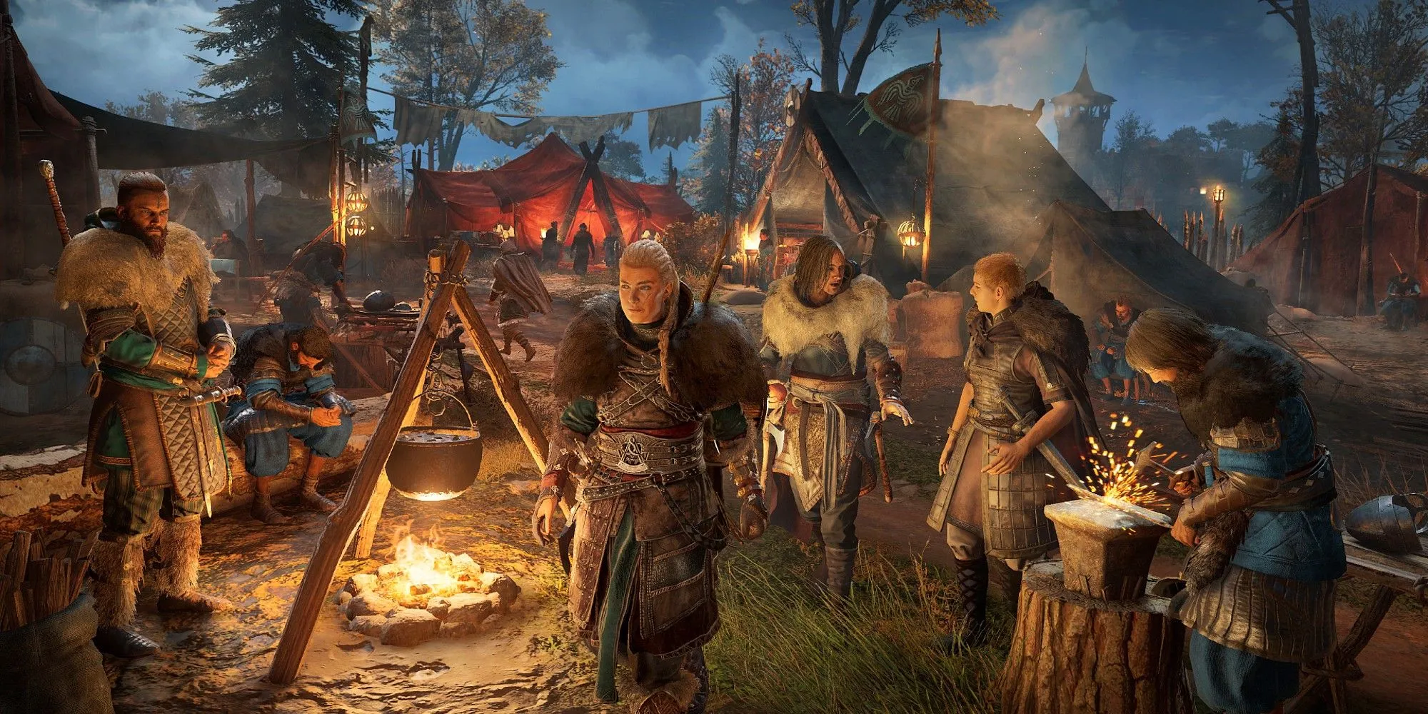 Nữ Eivor trong Assassin's Creed Valhalla đi qua trại Ravensthorpe