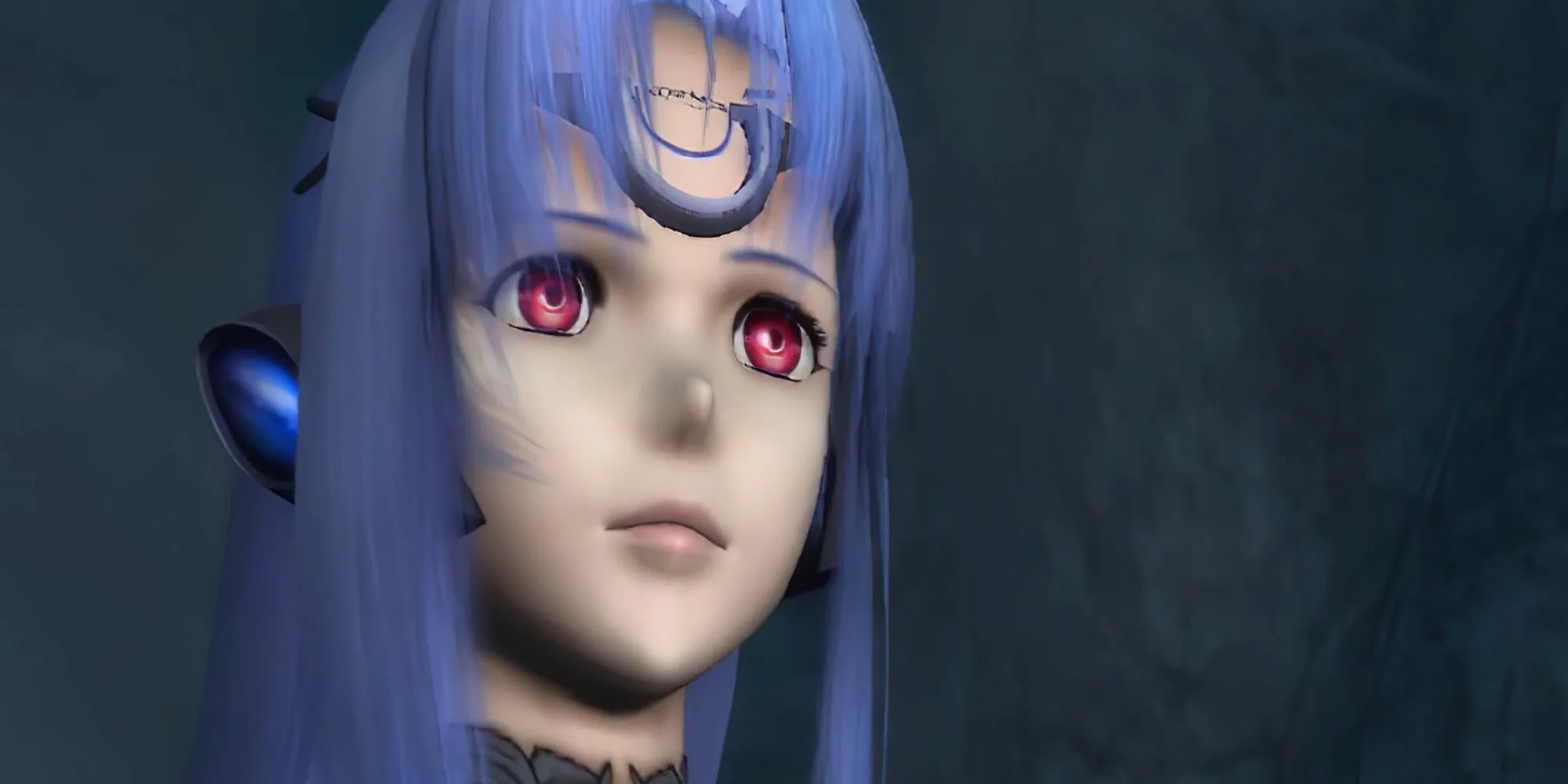 Nữ người máy KOS-MOS trong game Xenosaga đứng giữa khung cảnh công nghệ cao