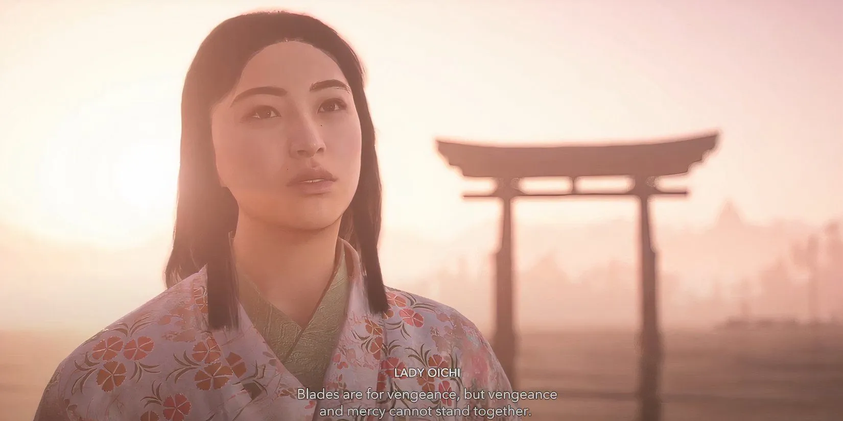 Oichi và Yasuke trò chuyện thân mật sau khi hoàn thành các nghi lễ tại đền thờ trong Assassin's Creed Shadows.