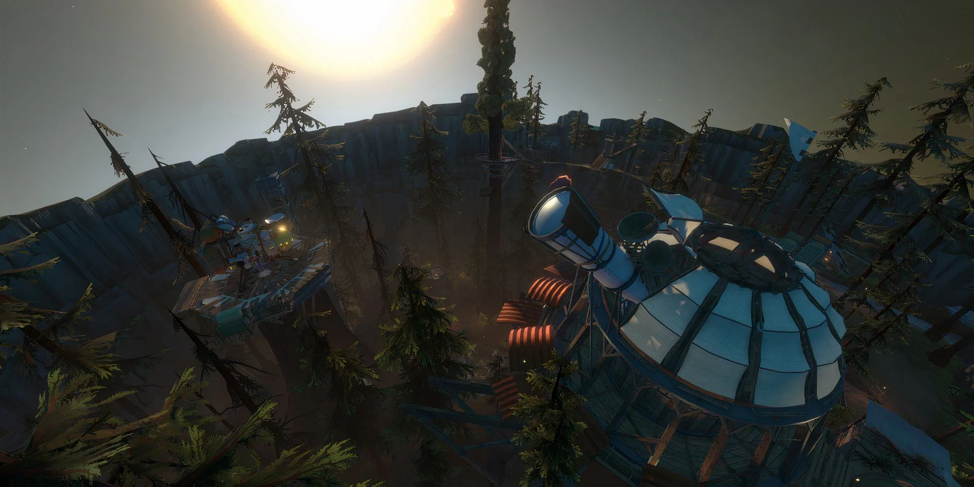 Outer Wilds với góc nhìn từ trên cao xuống một hành tinh có rừng cây