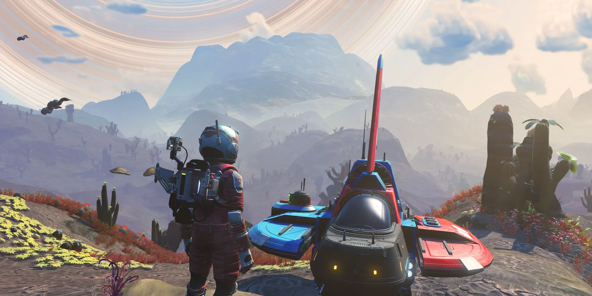 Phong cảnh một hành tinh kỳ lạ trong No Man's Sky với thảm thực vật và bầu trời đầy màu sắc