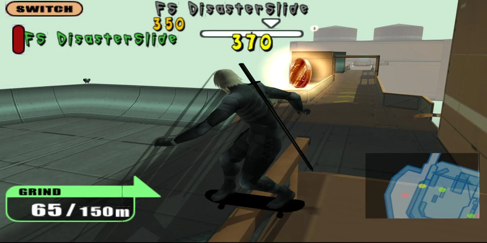 Raiden trượt ván trong màn chơi Skate Level của Metal Gear Solid 2 Substance