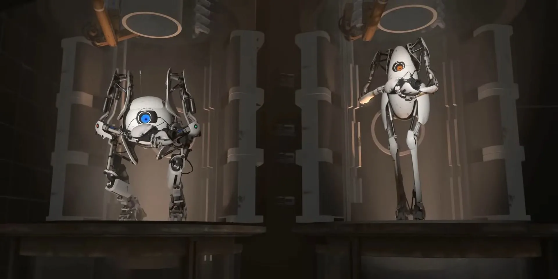 Robot Atlas và P-Body hợp tác giải đố trong chiến dịch co-op của Portal 2