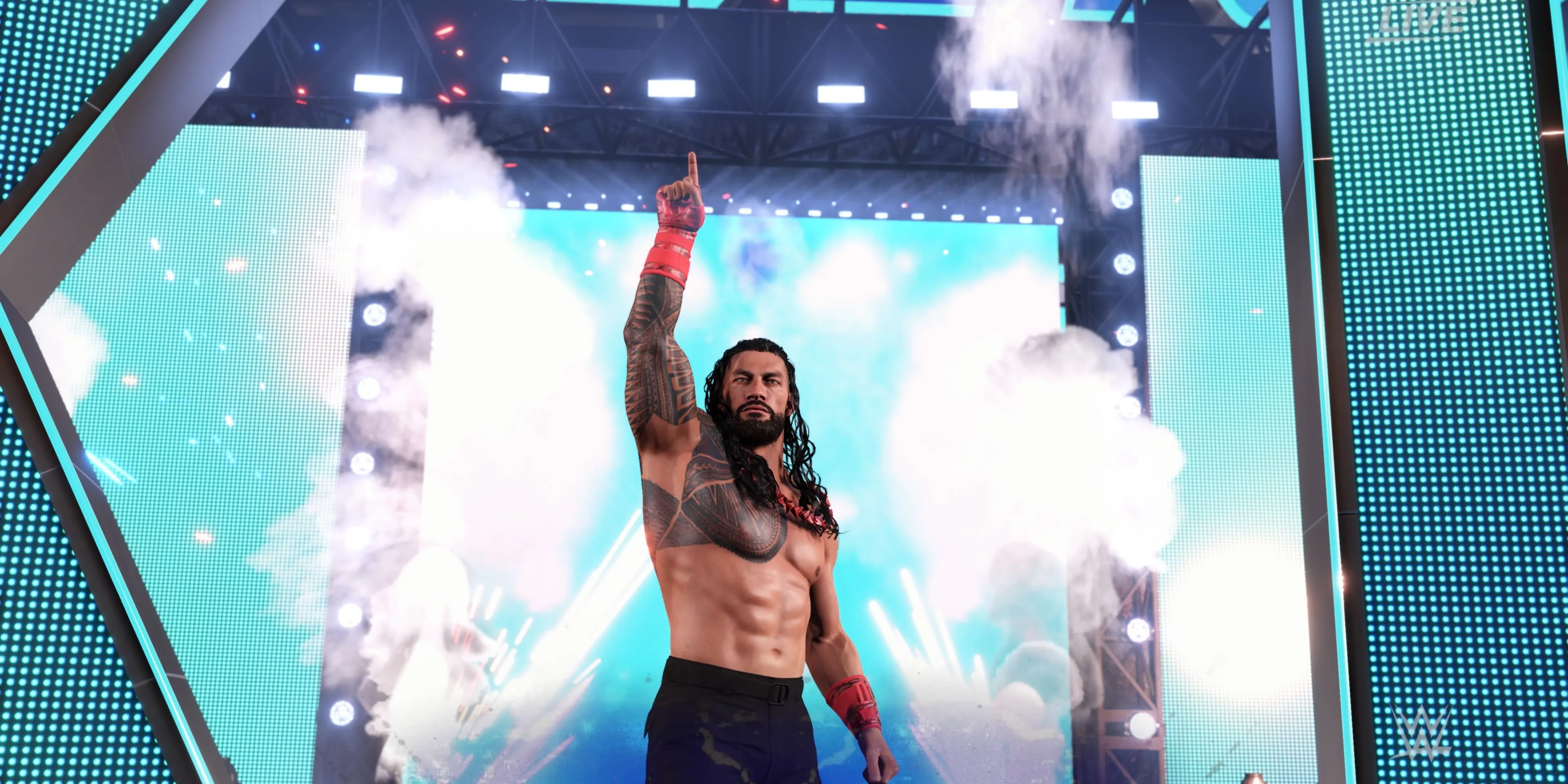 Roman Reigns WWE 2K25 đầy quyền uy với đai vô địch trên vai trong màn chào sân