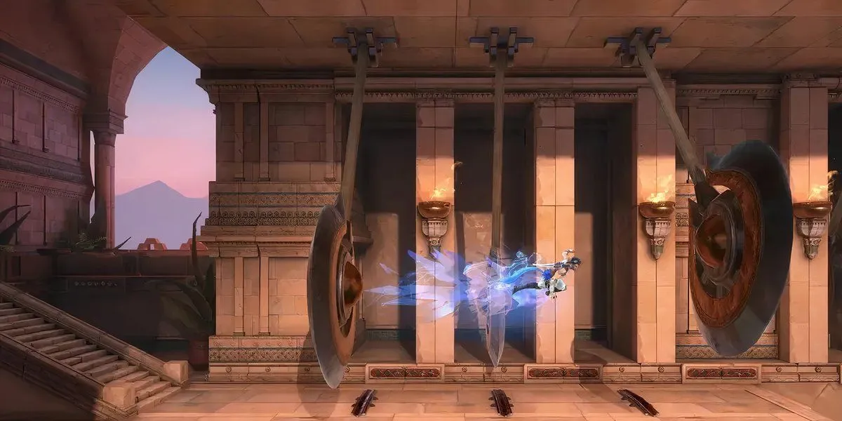 Sargon trong Prince of Persia The Lost Crown sử dụng kỹ năng parkour điêu luyện để vượt qua cạm bẫy trong một thế giới Ba Tư cổ đại
