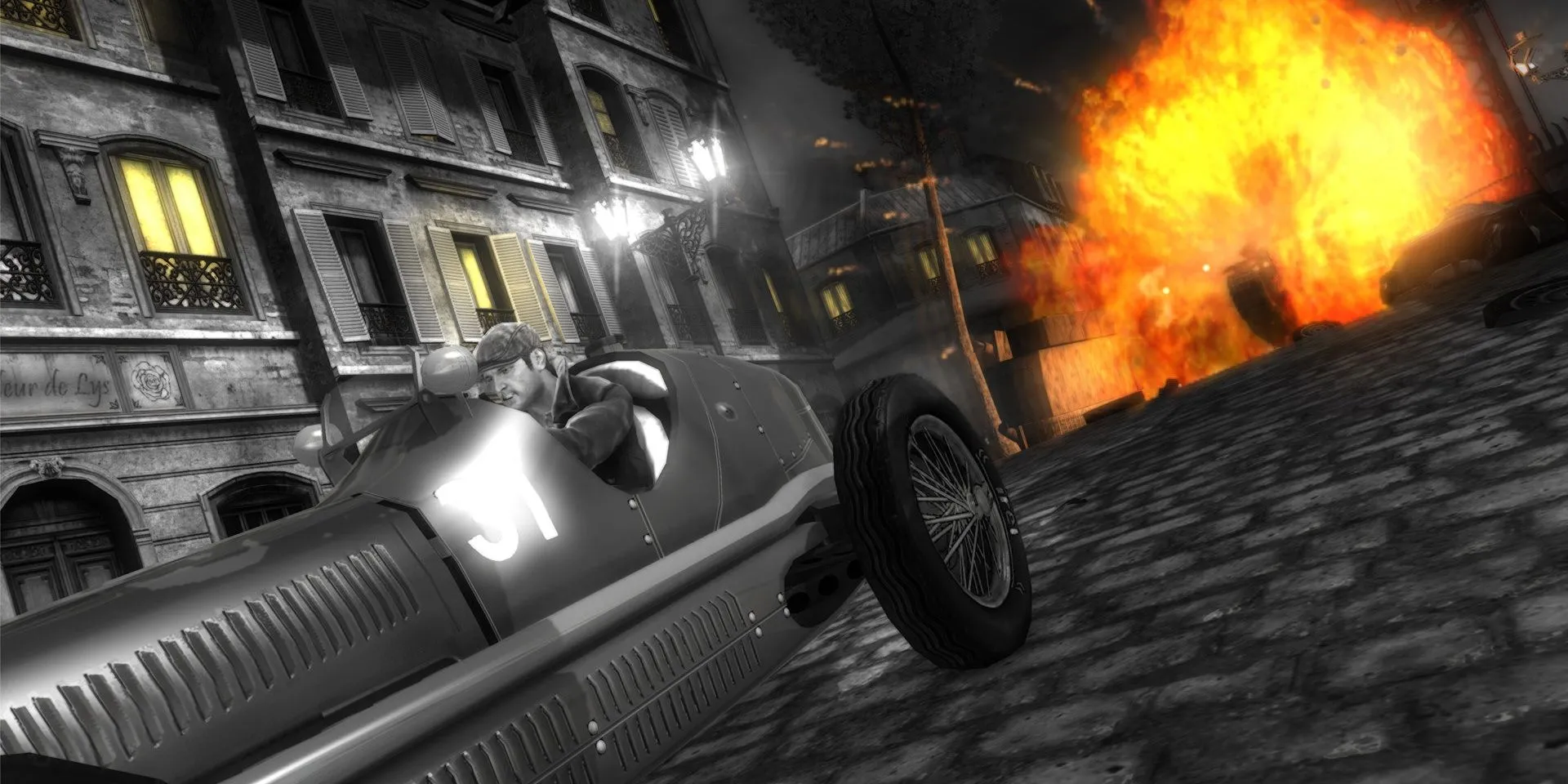 Sean lái xe thoát khỏi một vụ nổ trong The Saboteur