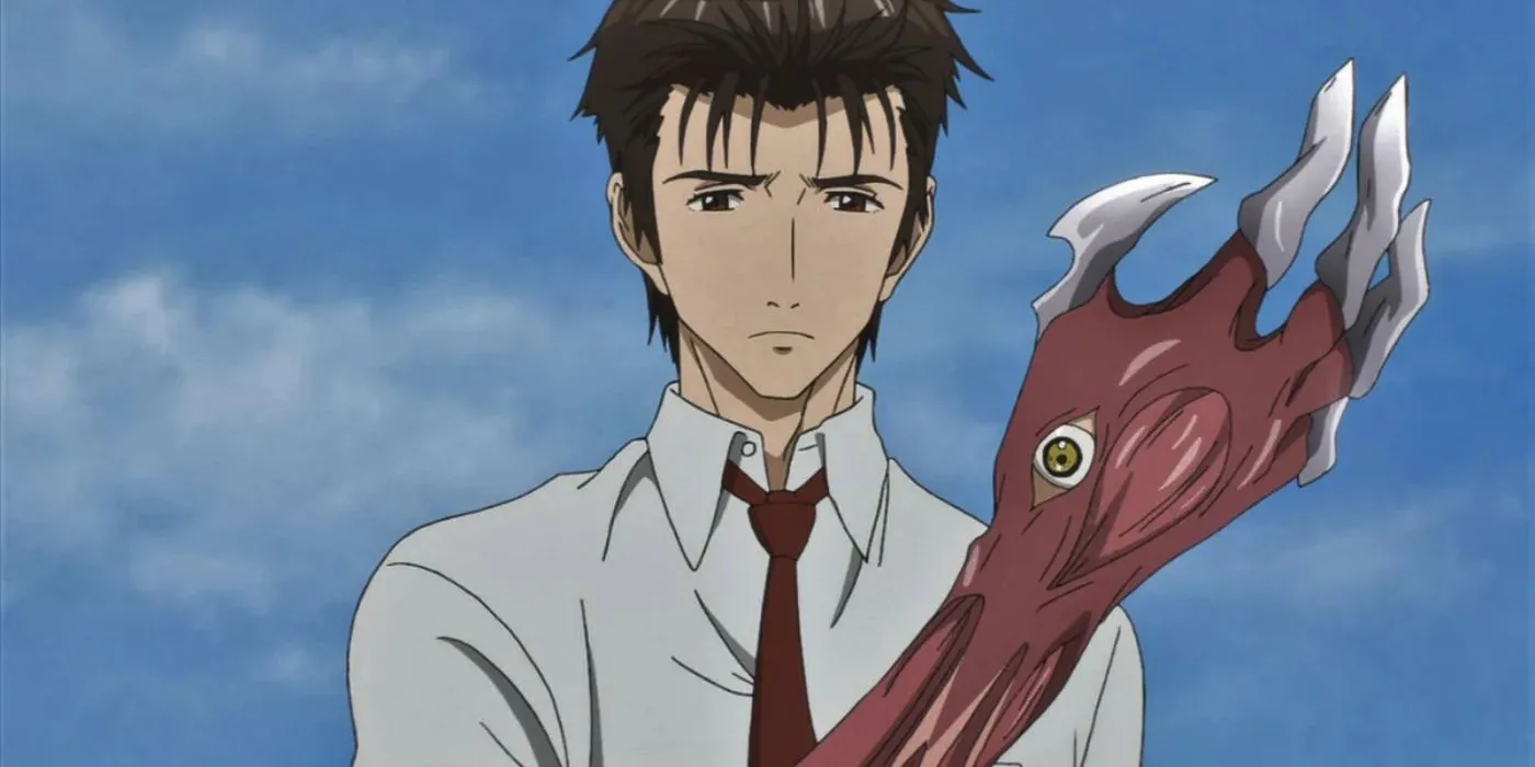 Shinichi và Migi chuẩn bị chiến đấu trong anime Parasyte the maxim