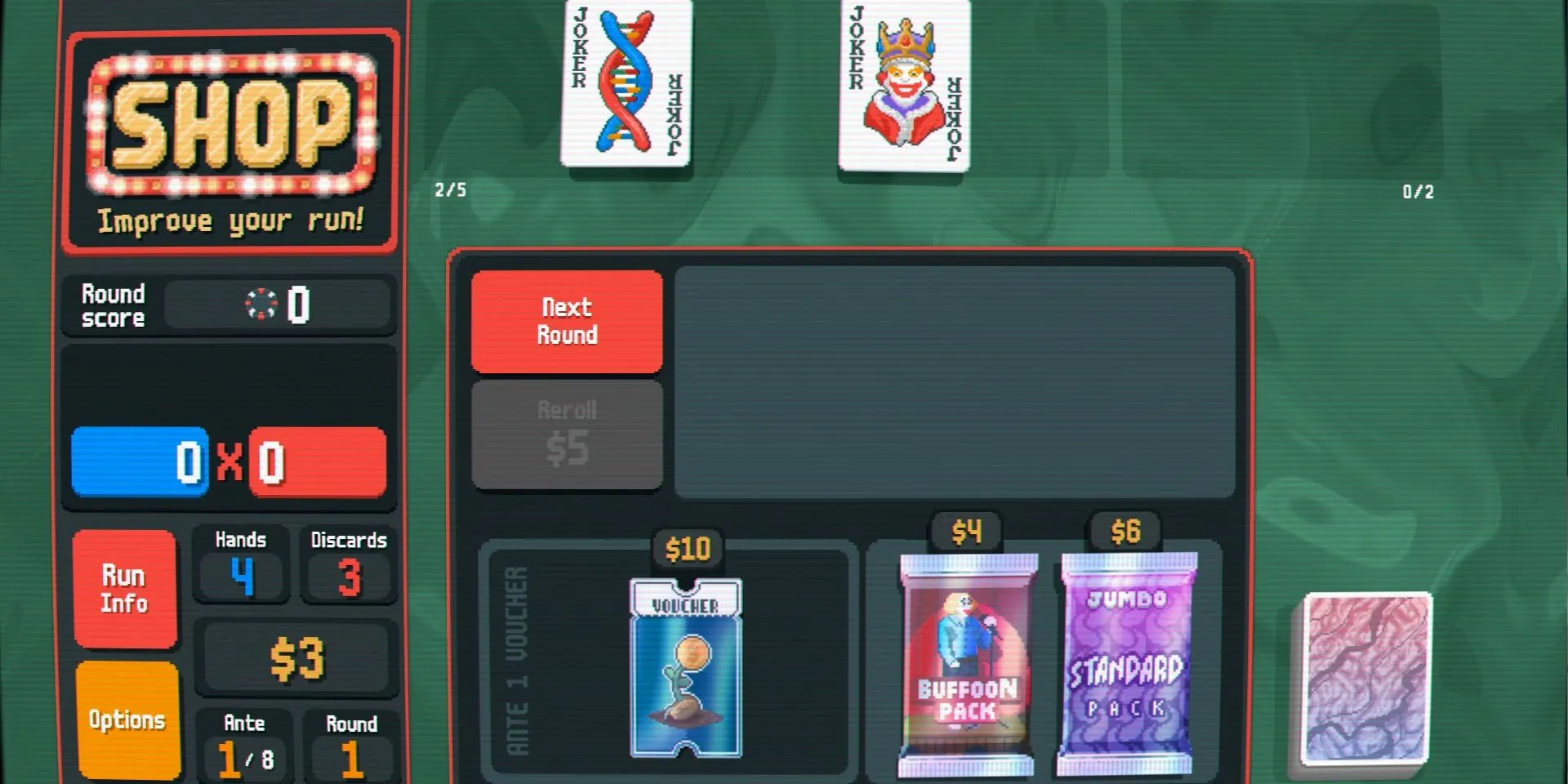 Shop trong Balatro với các Joker DNA và Baron đã được chọn