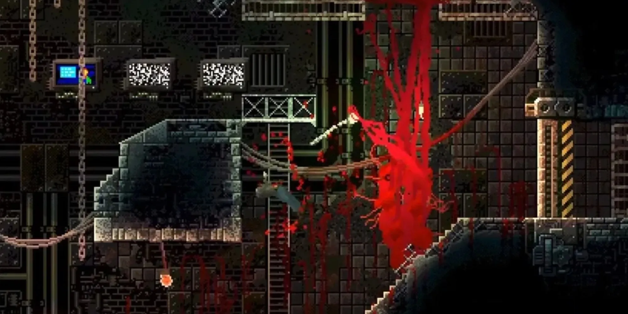 Sinh vật đỏ di chuyển trên trần nhà và tường trong phòng thí nghiệm của game CARRION