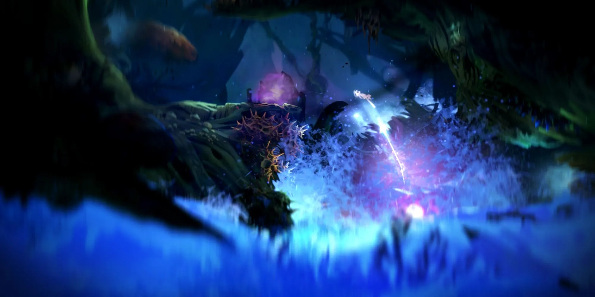 Sinh vật Ori phát sáng đang bay lượn giữa khu rừng Nibel huyền ảo trong Ori and the Blind Forest
