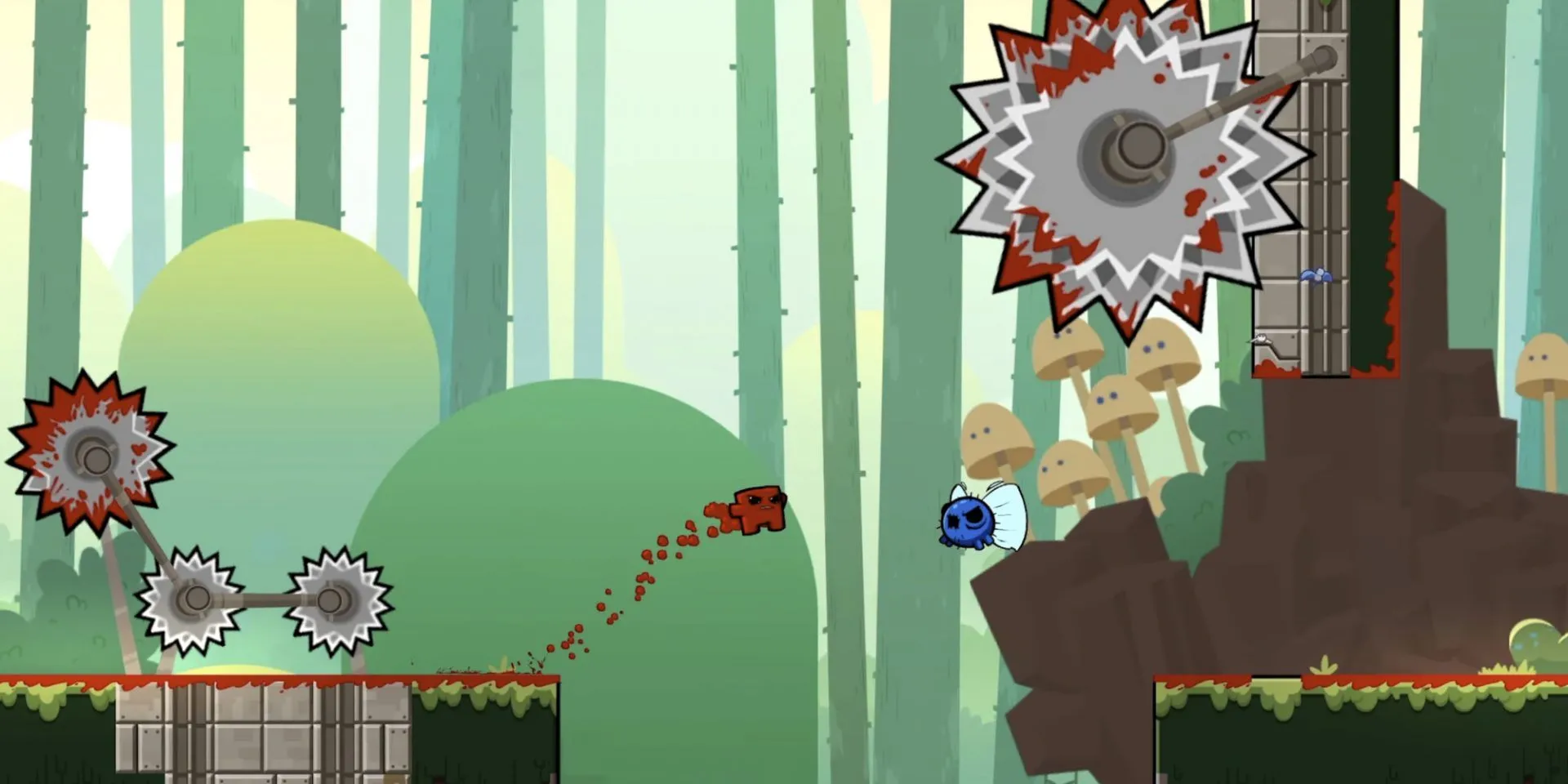 Super Meat Boy đang thực hiện một cú nhảy khó trong màn chơi đầy cạm bẫy