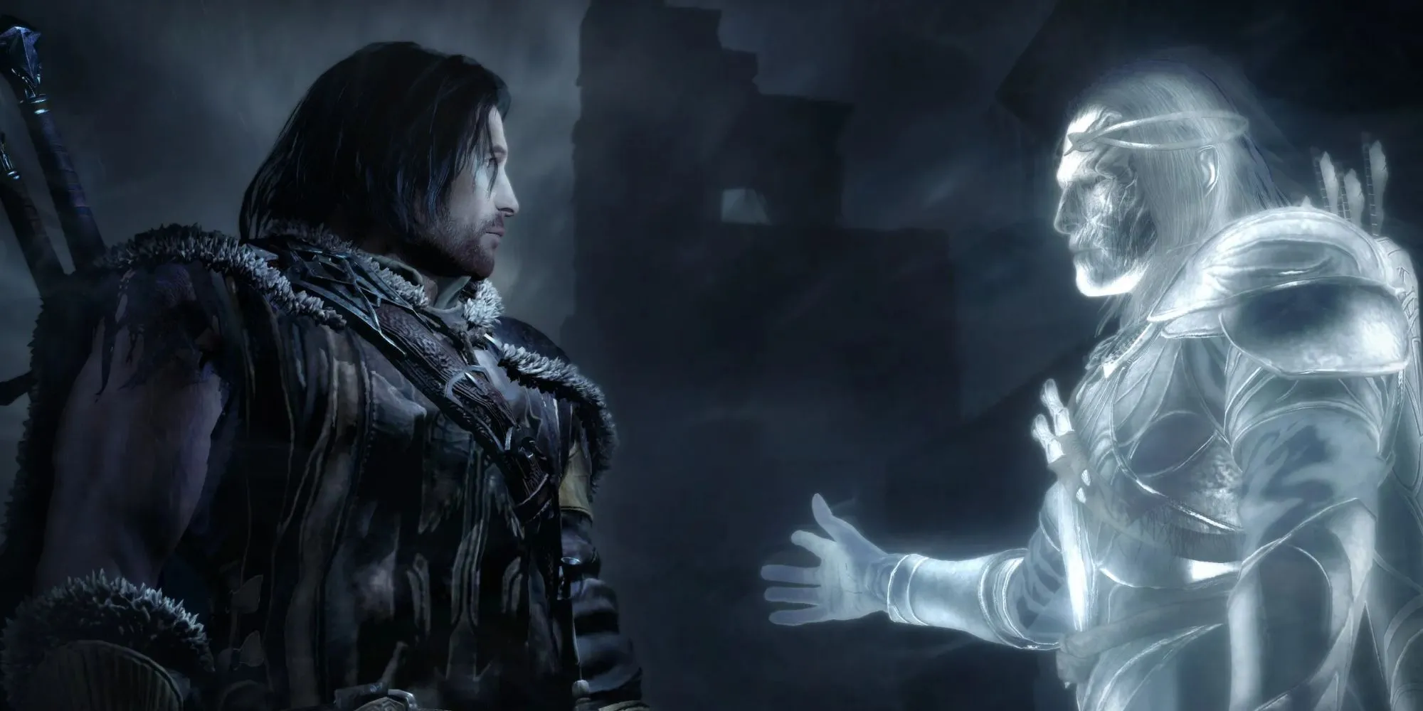 Talion, nhân vật chính trong Middle-earth: Shadow of Mordor, với linh hồn Celebrimbor ở phía sau