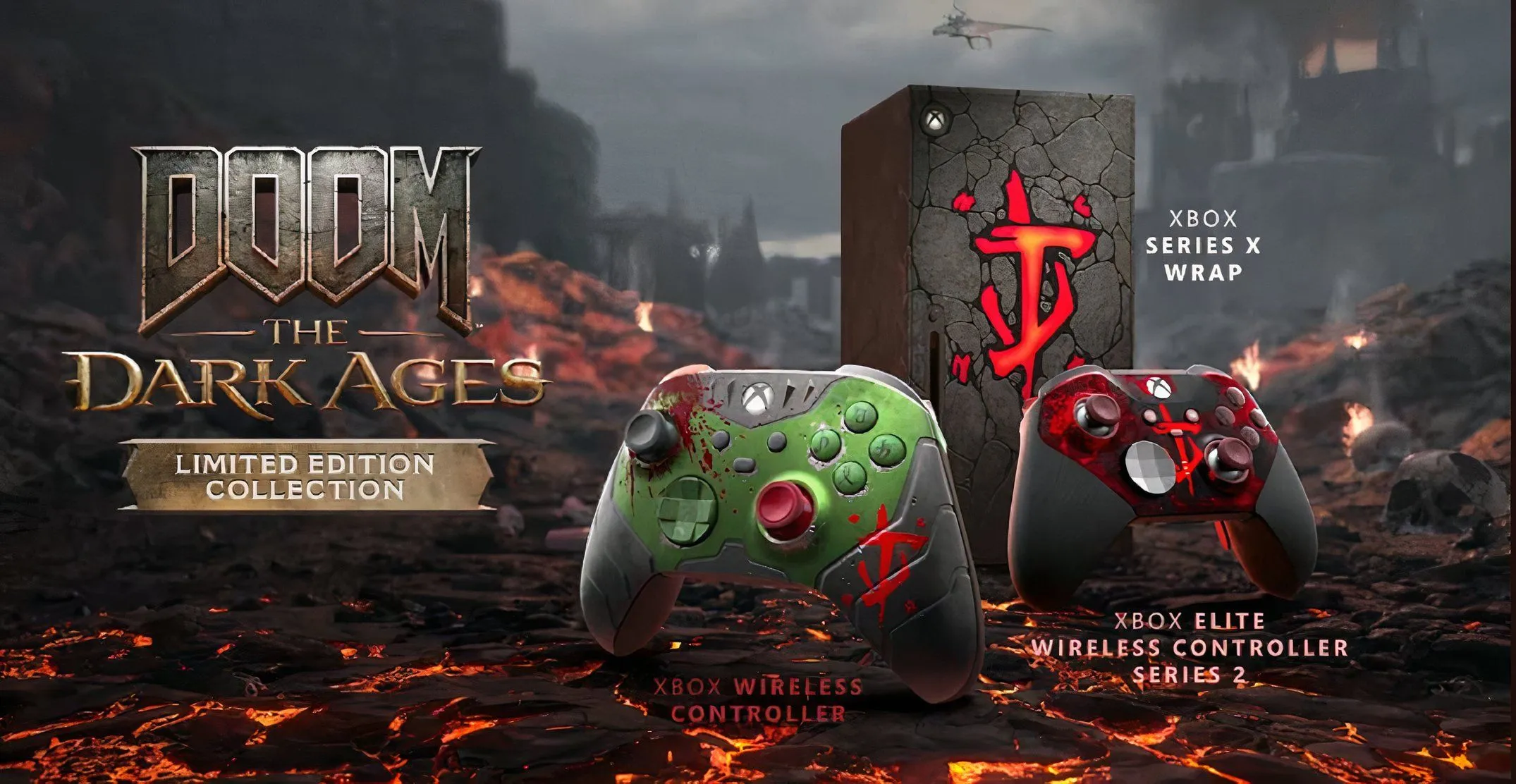 Tay cầm Xbox Elite và vỏ bọc console Xbox Series X lấy chủ đề DOOM: The Dark Ages