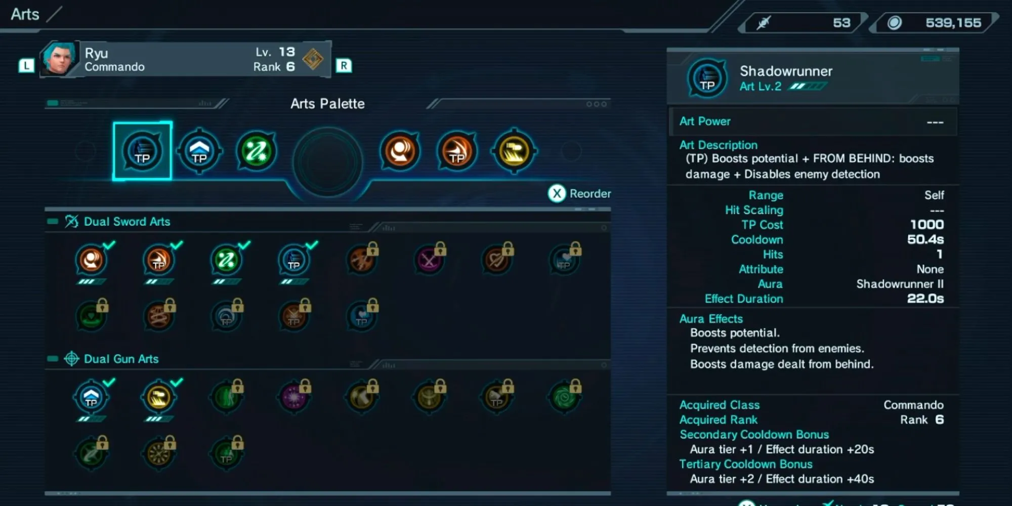 Thanh Arts Palette trong Xenoblade Chronicles X với các kỹ năng đòi hỏi TP