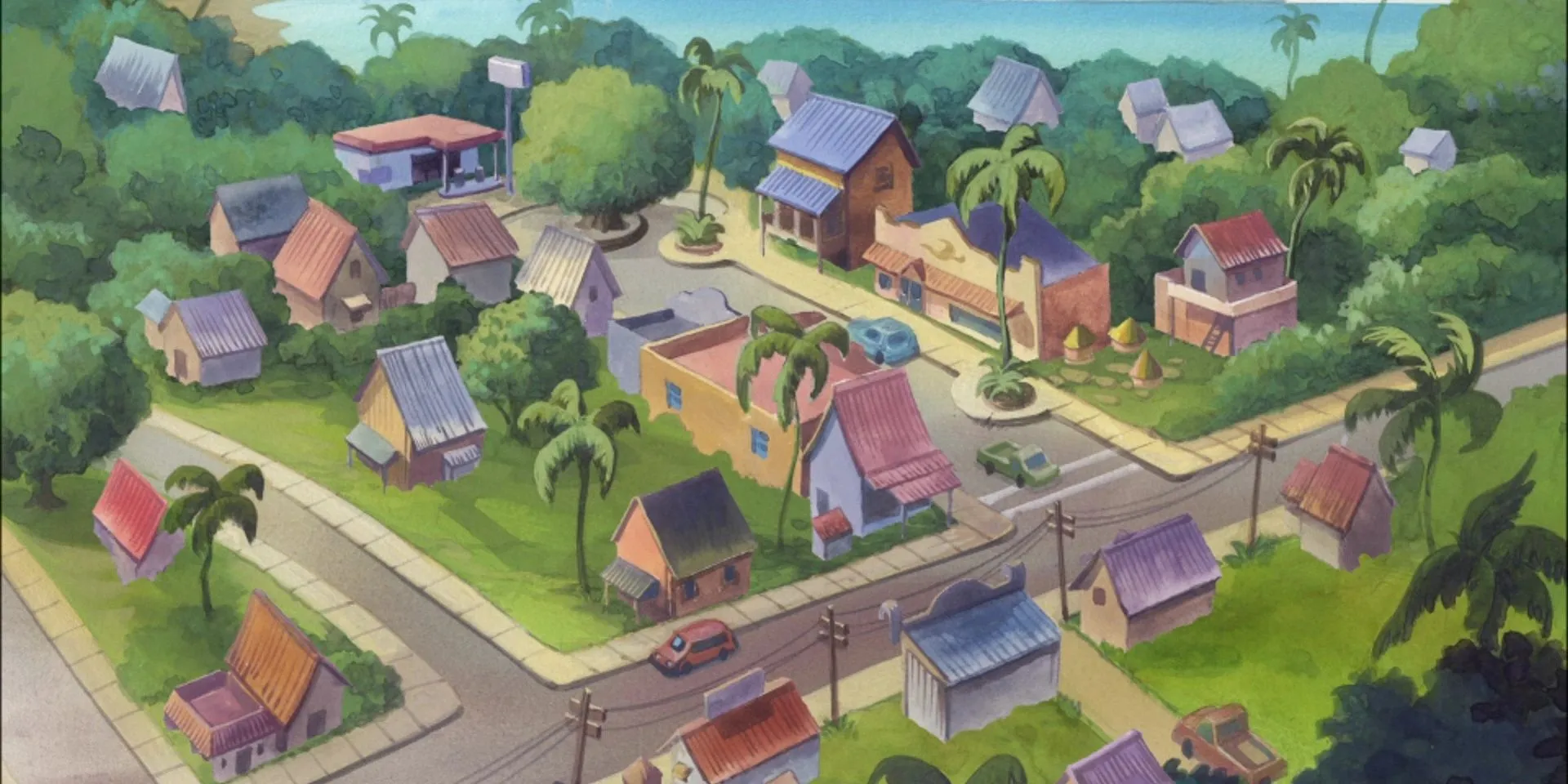 Thị trấn Kokaua trong series Lilo & Stitch với bãi biển và những ngôi nhà ven biển