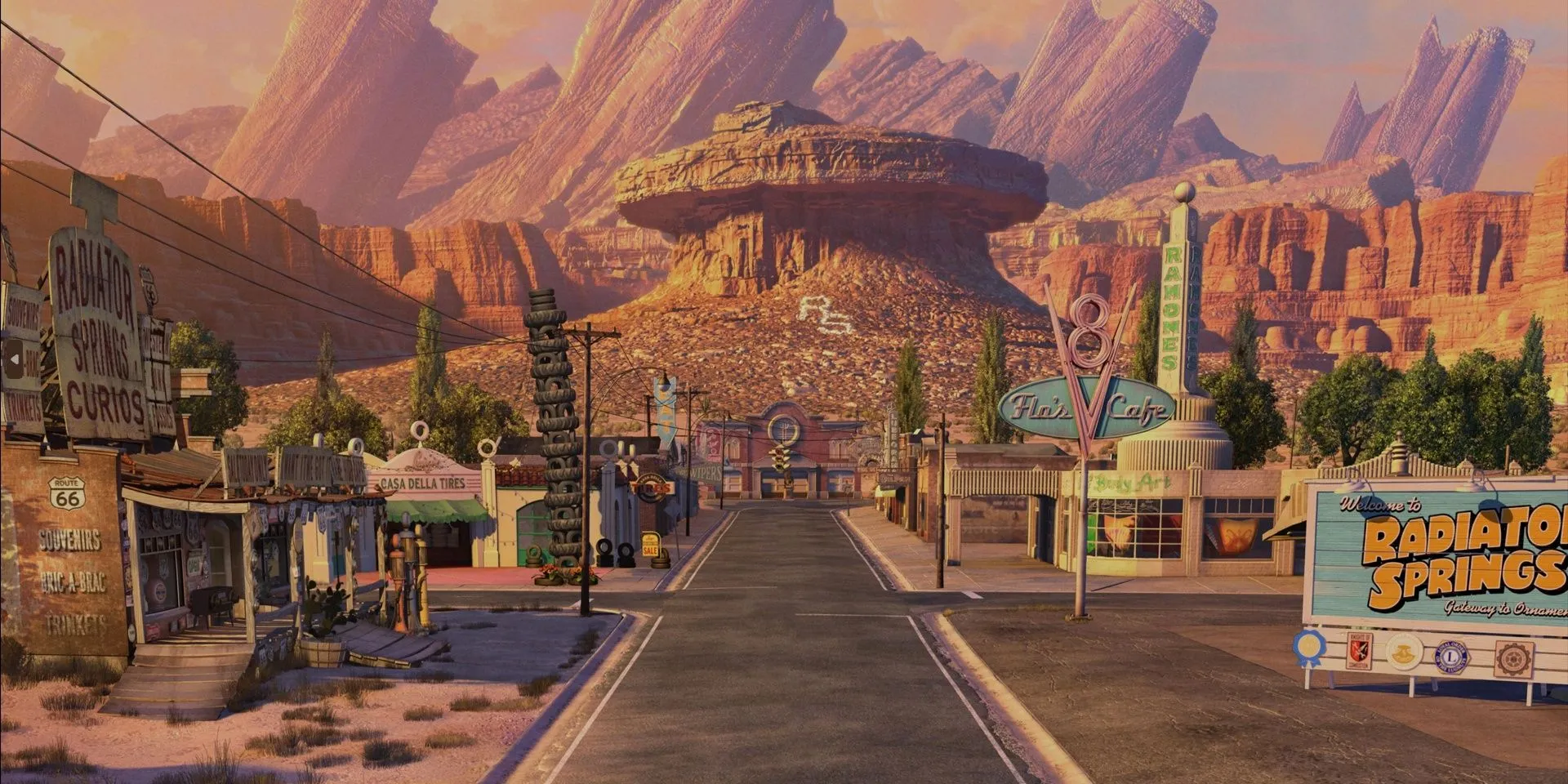Thị trấn Radiator Springs với Lightning McQueen và các nhân vật xe hơi khác