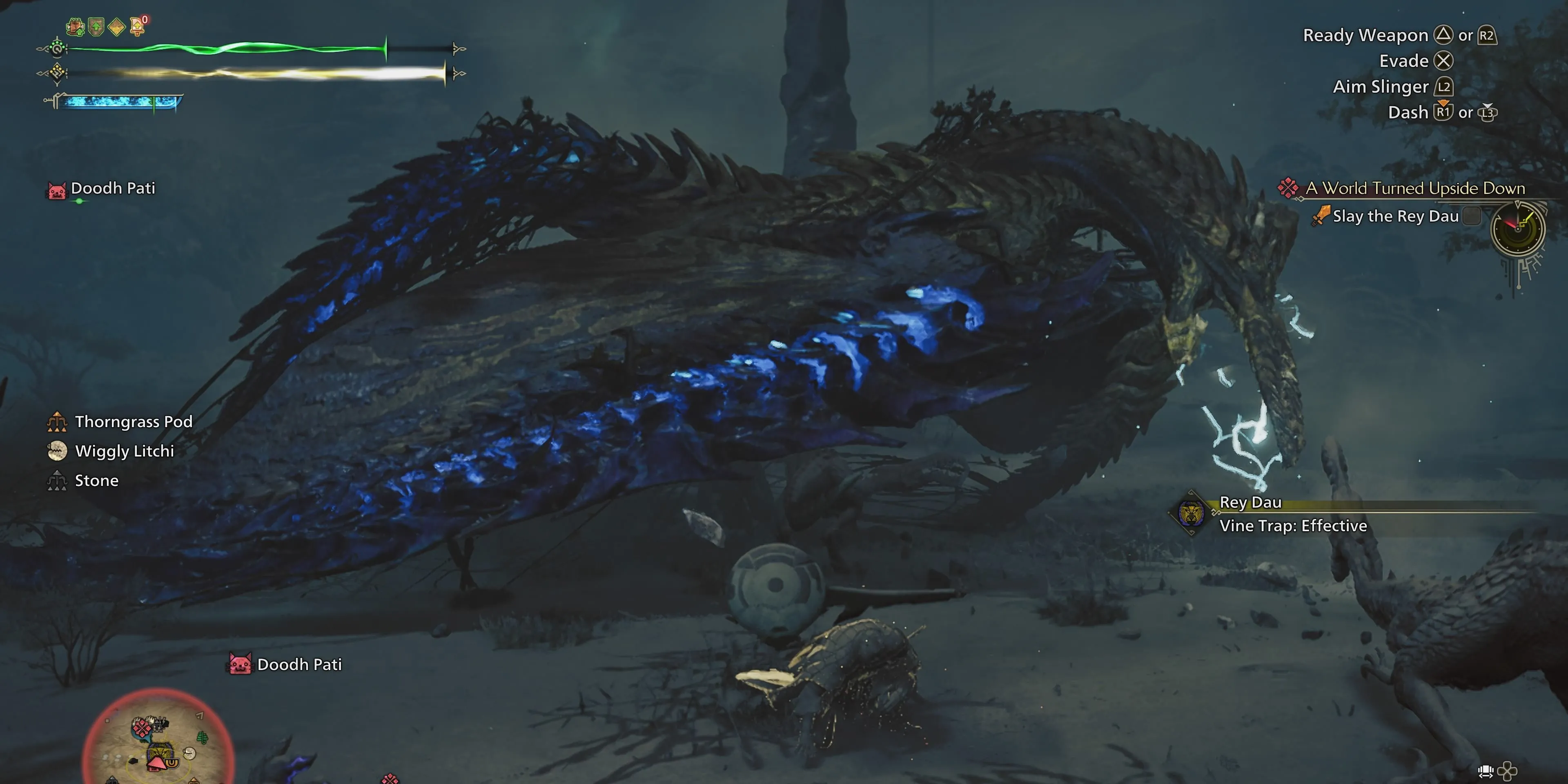 Thợ săn Monster Hunter Wilds sử dụng bẫy dây leo để khống chế quái vật Rey Dau