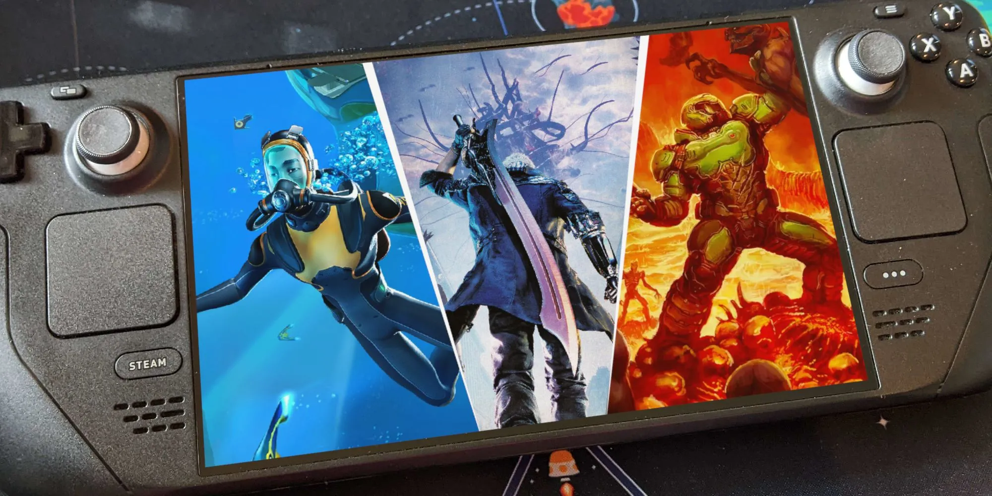 Thumbnail các game chất lượng cao chạy mượt trên Steam Deck như Subnautica, Devil May Cry 5, DOOM 2016
