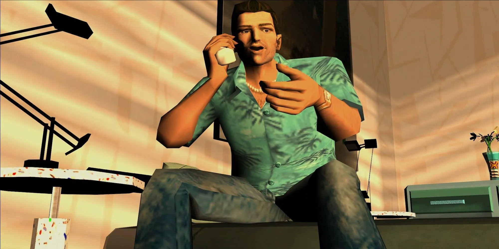 Tommy Vercetti nói chuyện điện thoại trong Grand Theft Auto Vice City