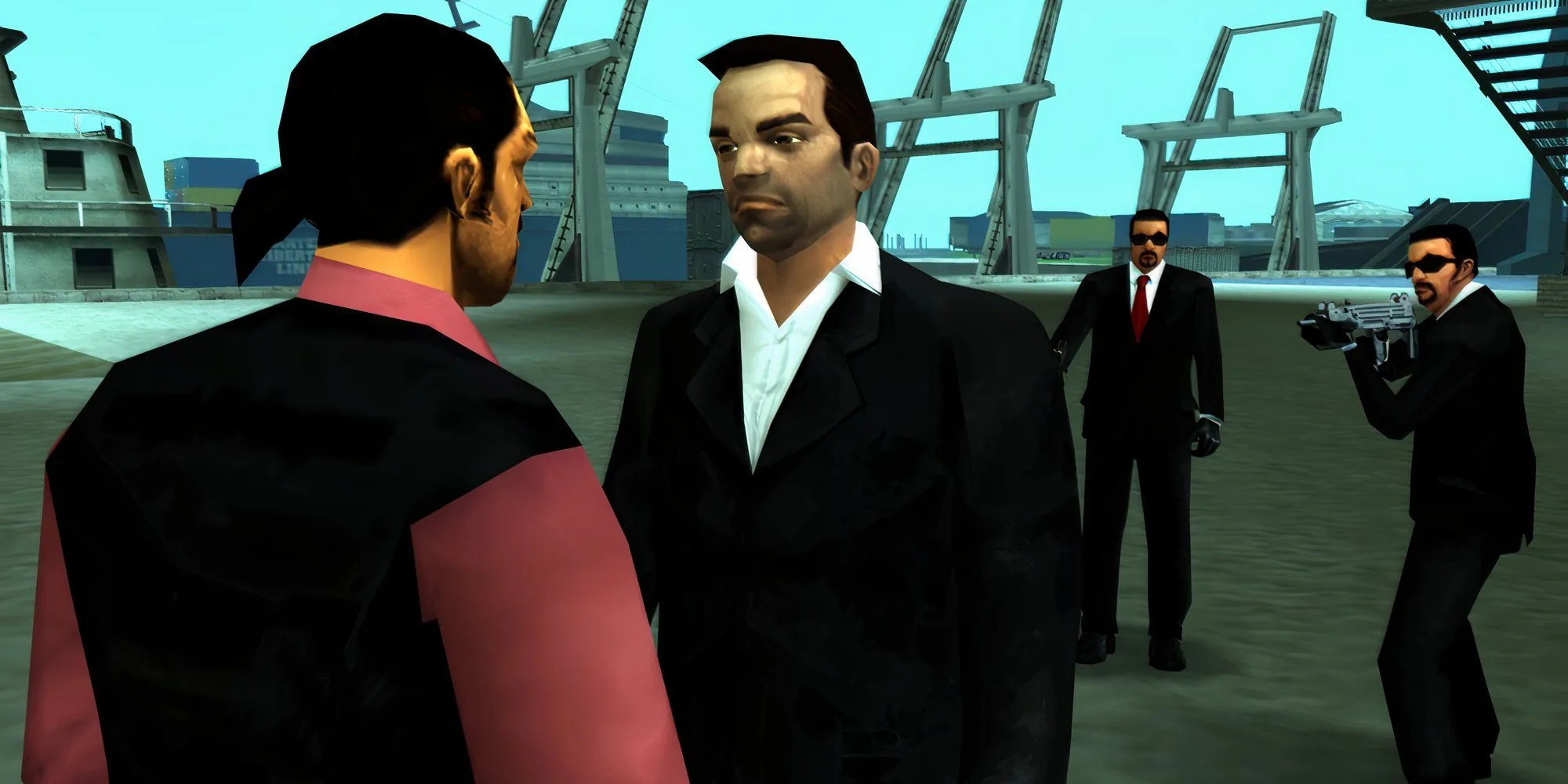 Toni Cipriani GTA Liberty City Stories đứng giữa nhiều vũ khí