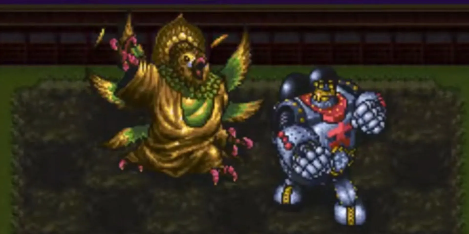 Trận chiến giữa Buriki Daioh và Great Inko trong Live A Live, game JRPG SNES với nhiều chương truyện độc đáo