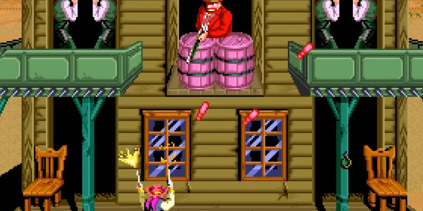 Trận đấu boss với Simon Greedwell trong Sunset Riders, game bắn súng miền Viễn Tây trên SNES