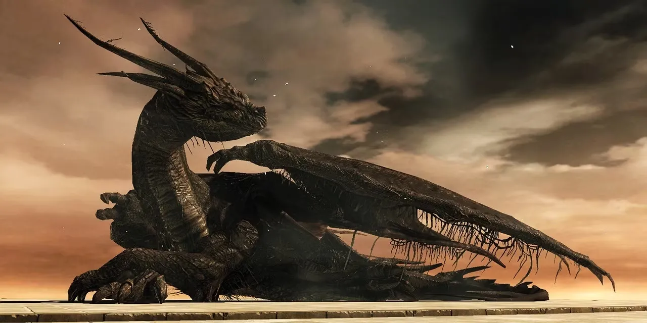 Trùm Ancient Dragon từ Dark Souls 2 đang gầm thét trong hang động