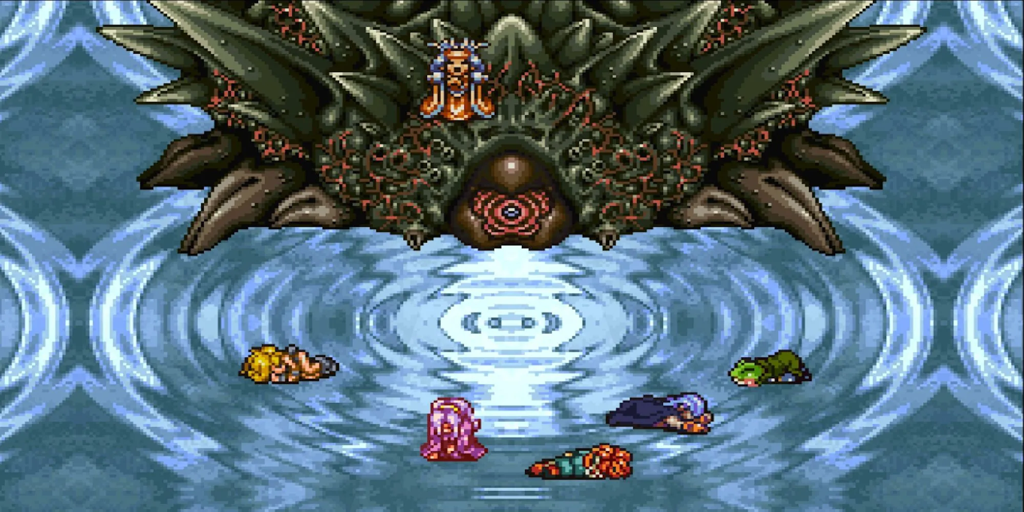Trùm cuối Lavos trong Chrono Trigger hiện ra đầy đe dọa trước đội của người chơi, một thử thách cực đại nếu đối đầu sớm.