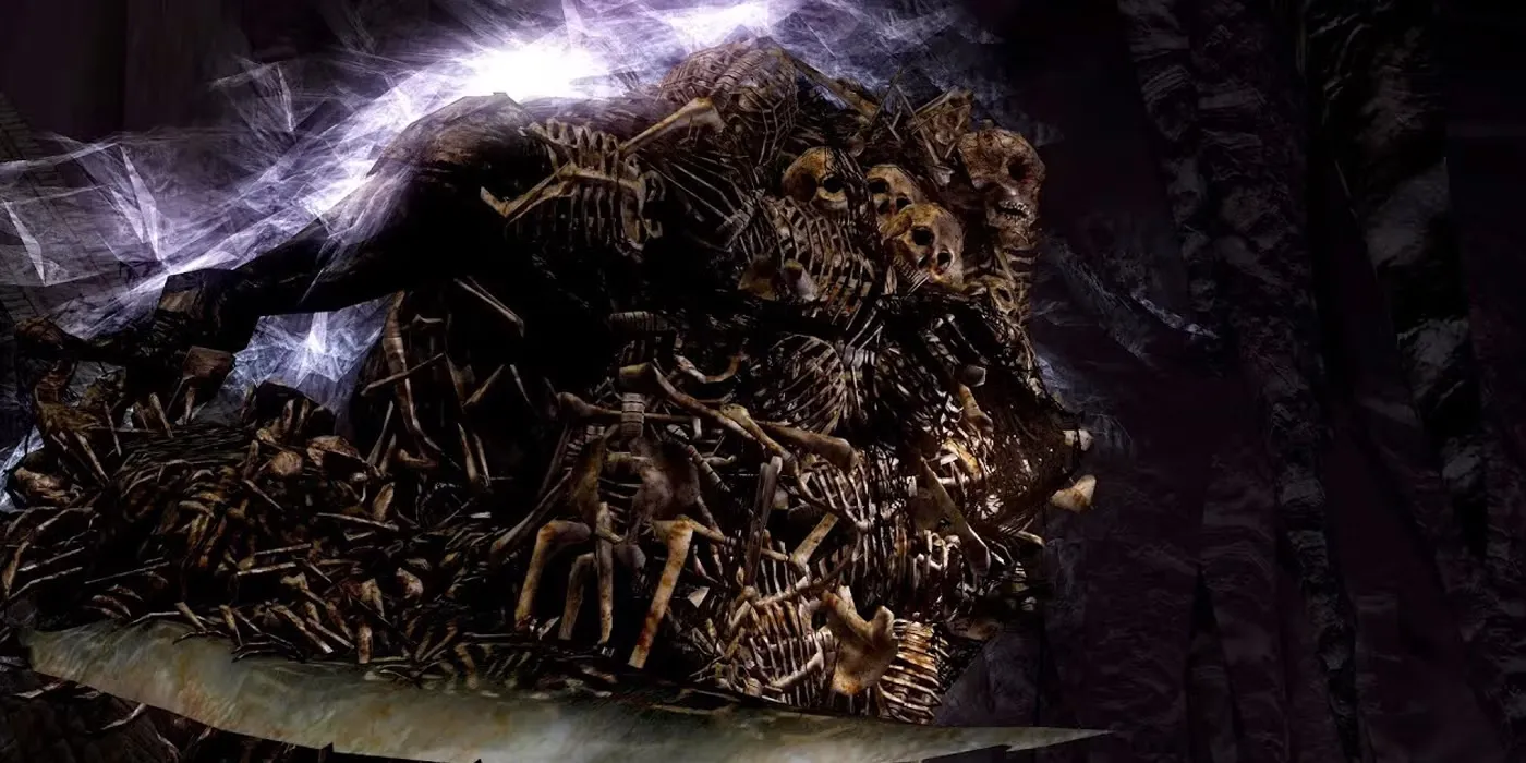 Trùm Gravelord Nito từ Dark Souls, một bộ xương khổng lồ với thanh kiếm lớn